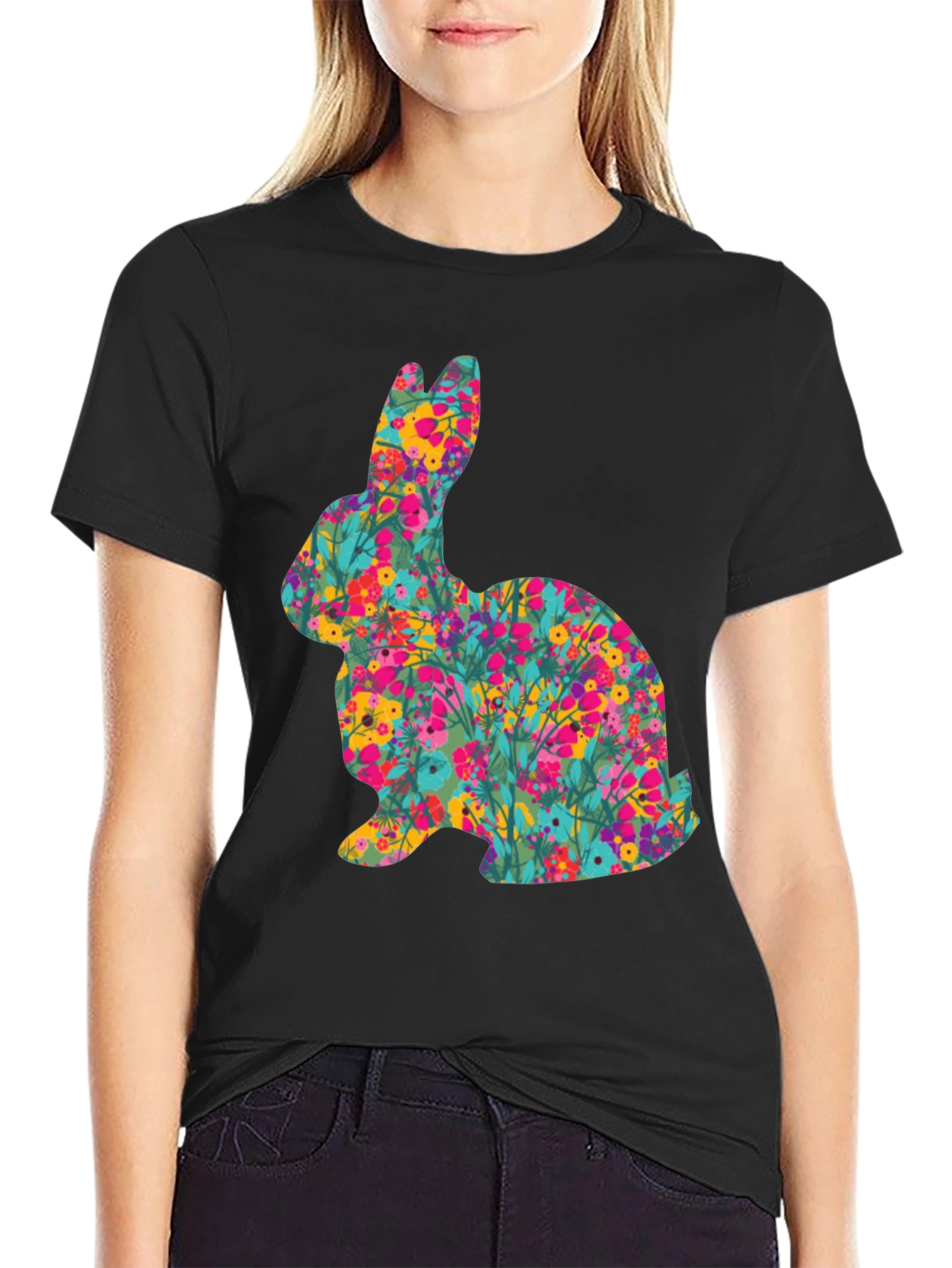 Floral Easter Bunny Black T-Shirt