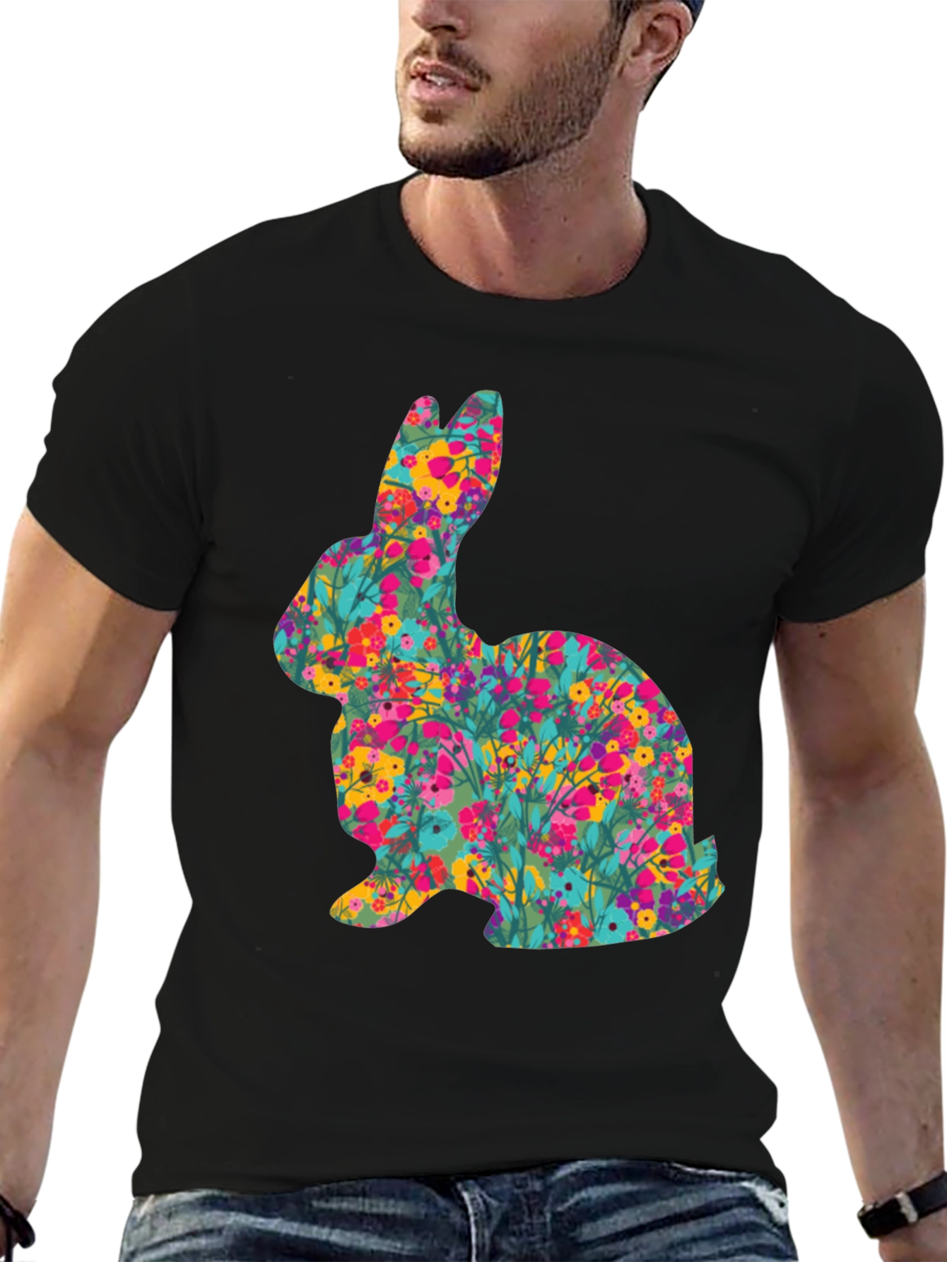 Floral Easter Bunny Black T-Shirt