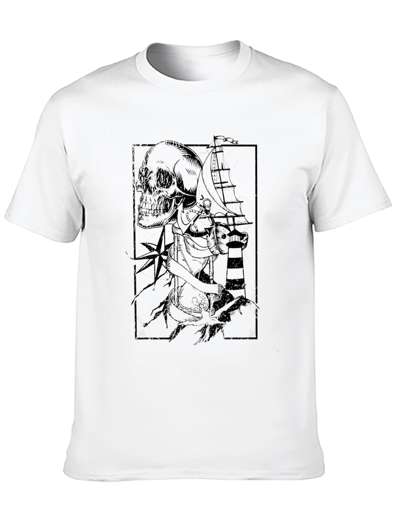 Mens Black Graphic Tee - Skull & Ship Design