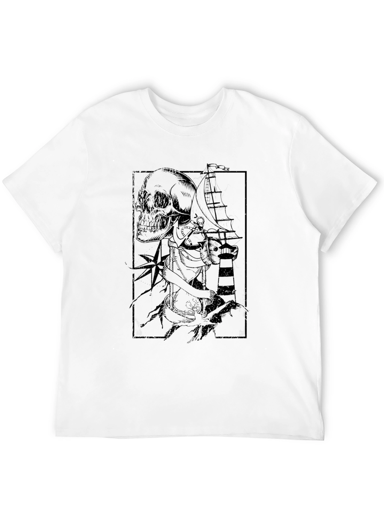 Mens Black Graphic Tee - Skull & Ship Design