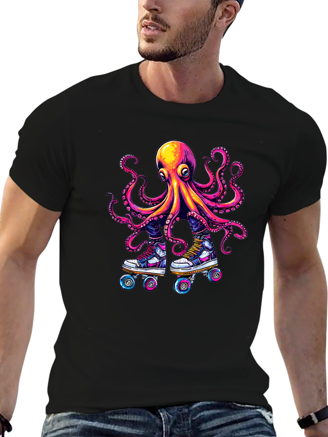 Octopus Roller Skate T-Shirt - Black Cotton Tee