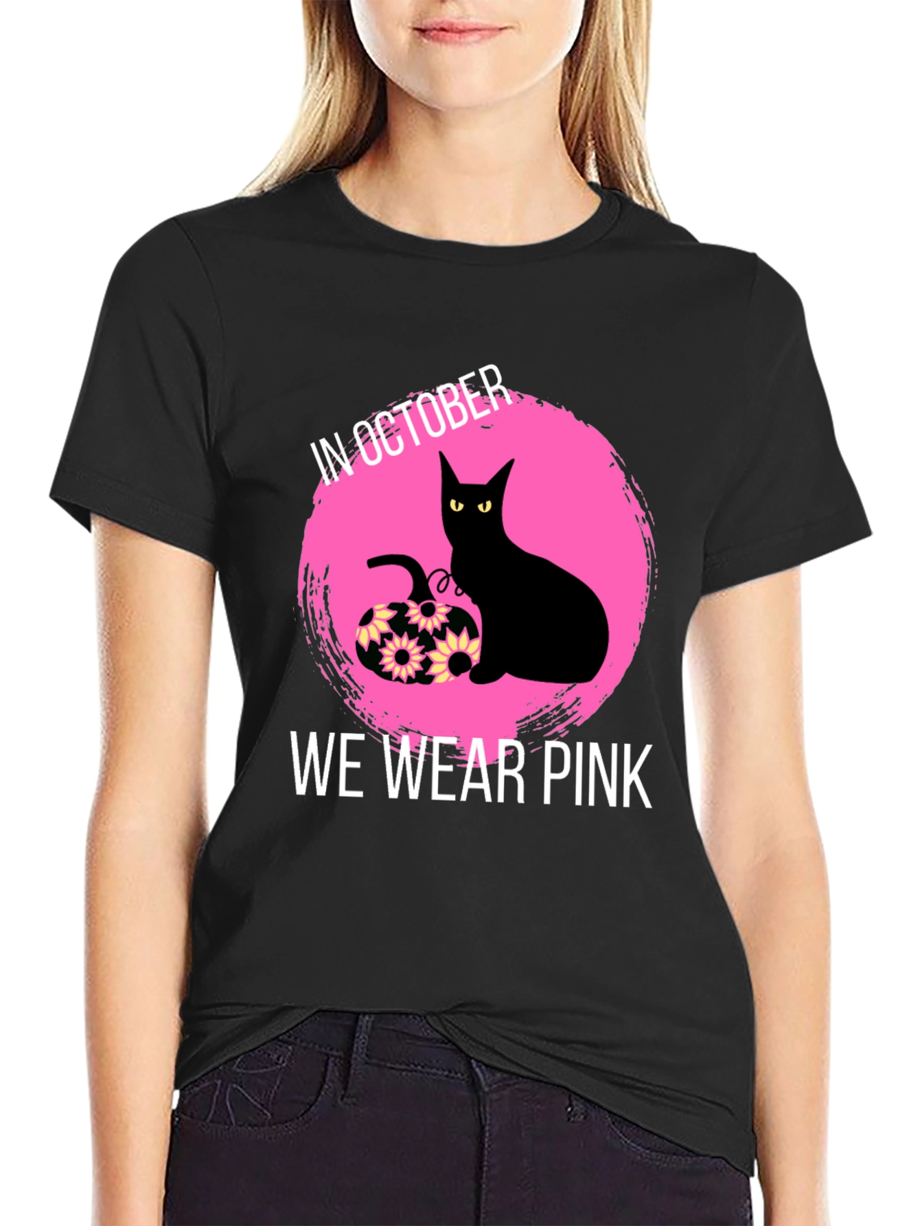 October Breast Cancer Awareness Black Cat T-Shirt