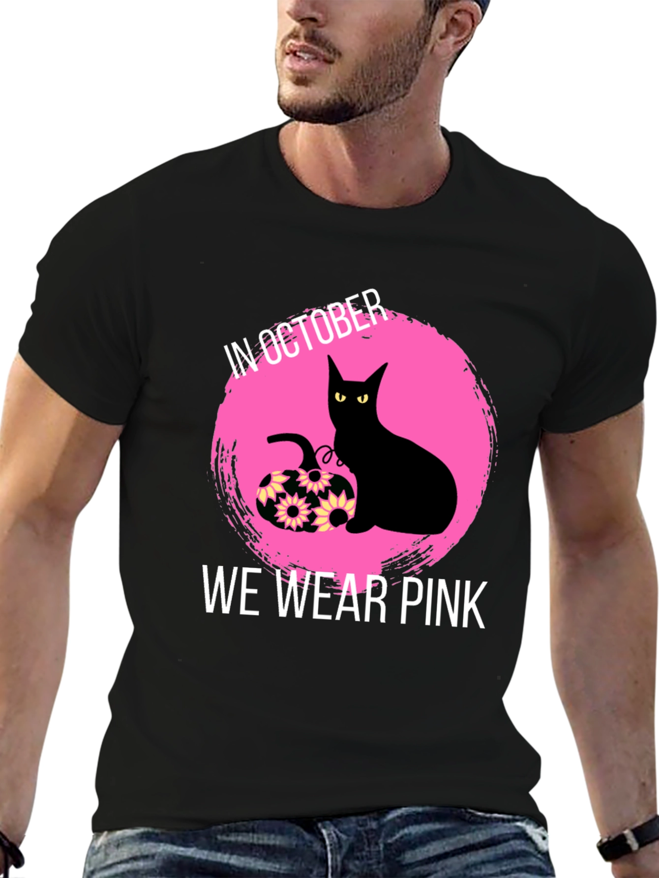 October Breast Cancer Awareness Black Cat T-Shirt