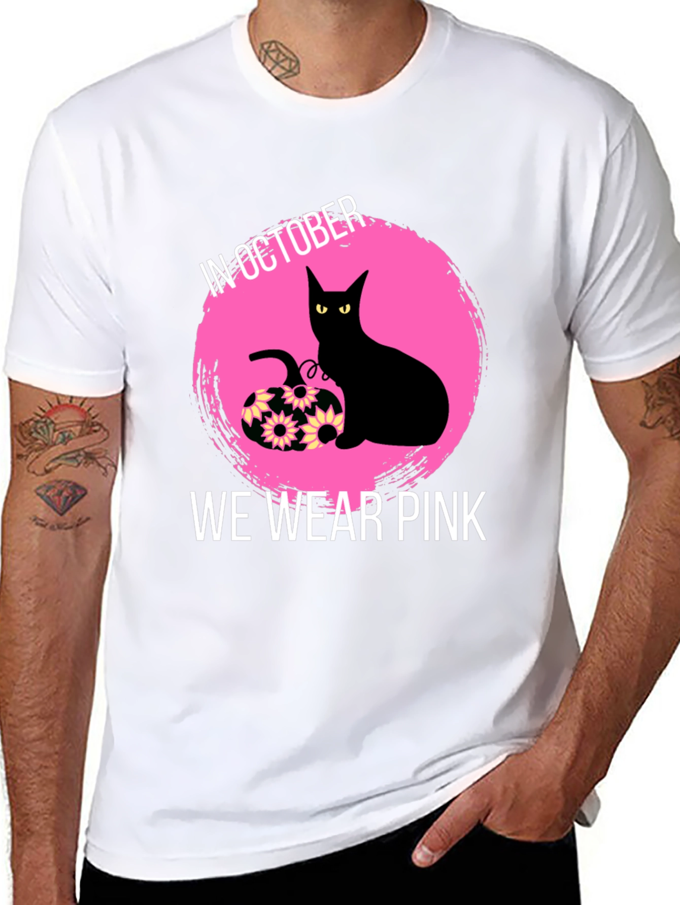 October Breast Cancer Awareness Black Cat T-Shirt