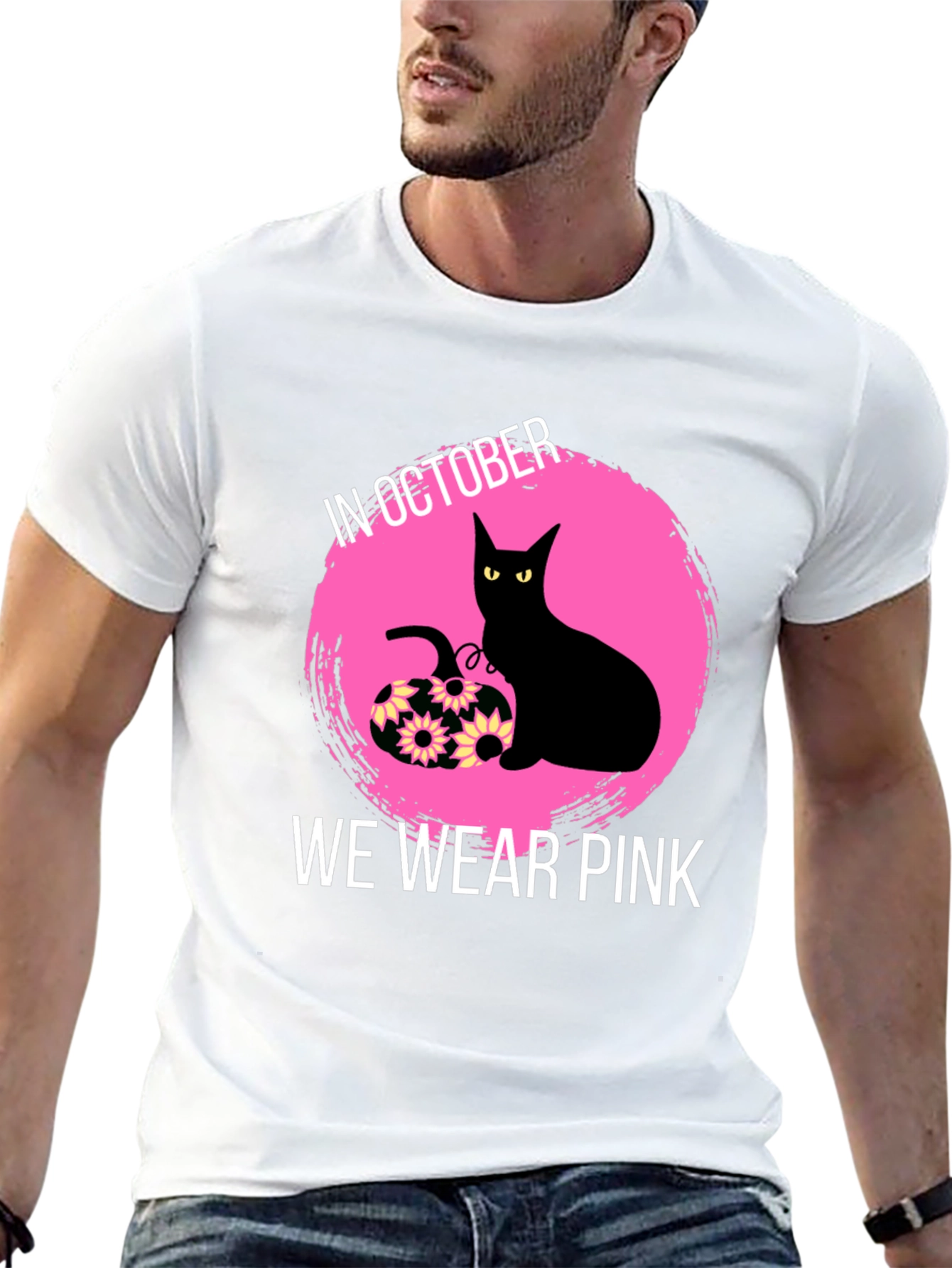 October Breast Cancer Awareness Black Cat T-Shirt