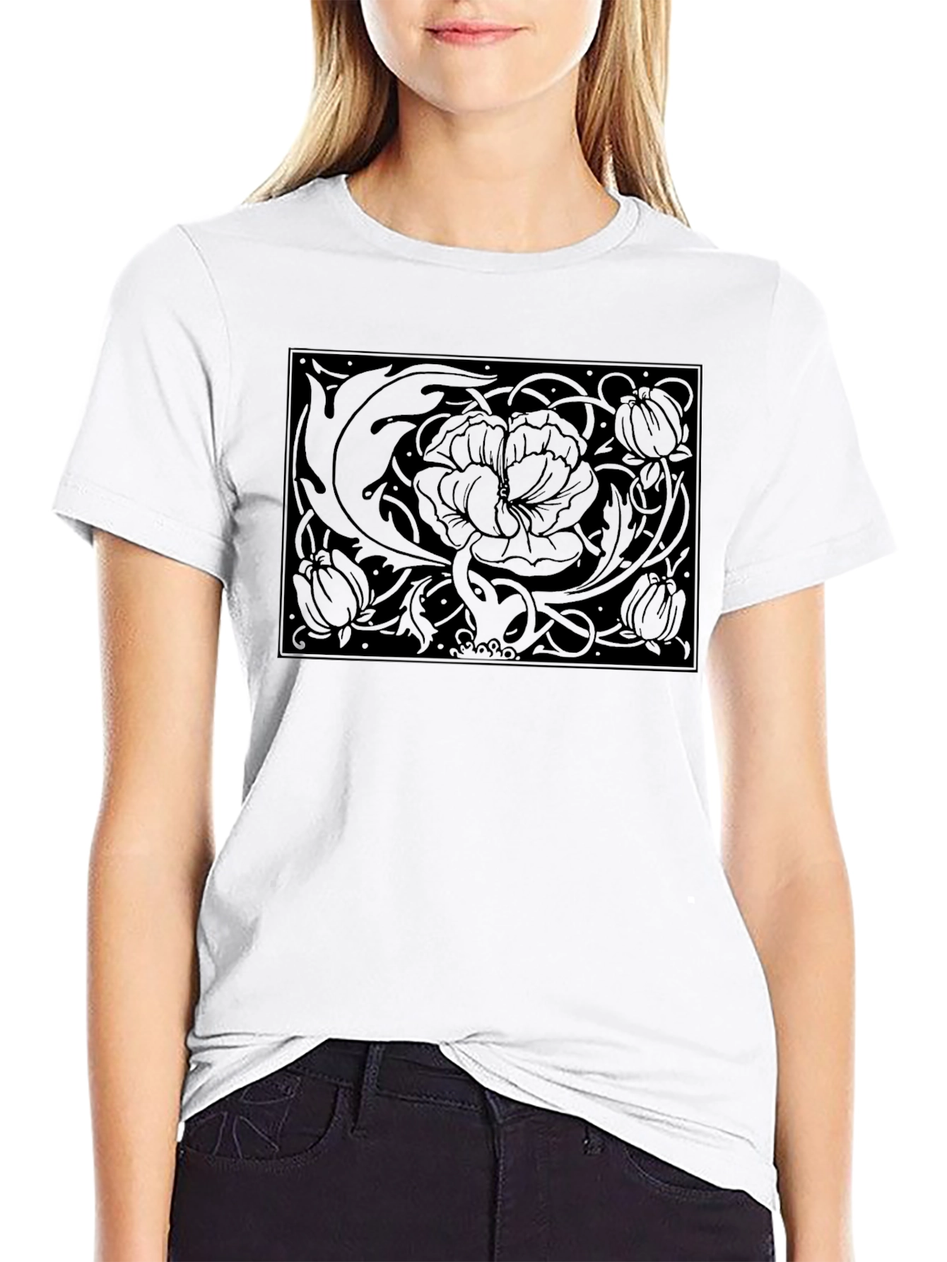 Floral Art Nouveau Graphic Black T-Shirt