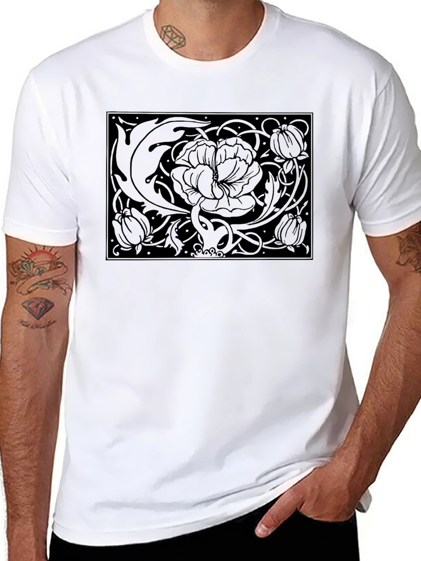 Floral Art Nouveau Graphic Black T-Shirt