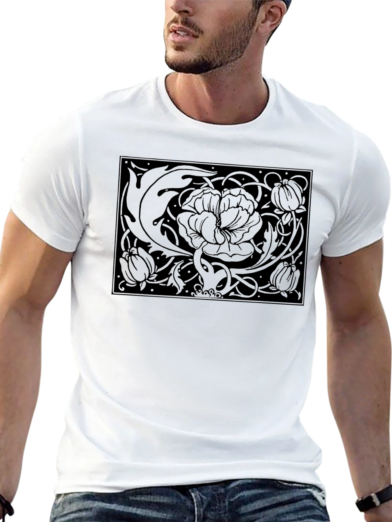 Floral Art Nouveau Graphic Black T-Shirt