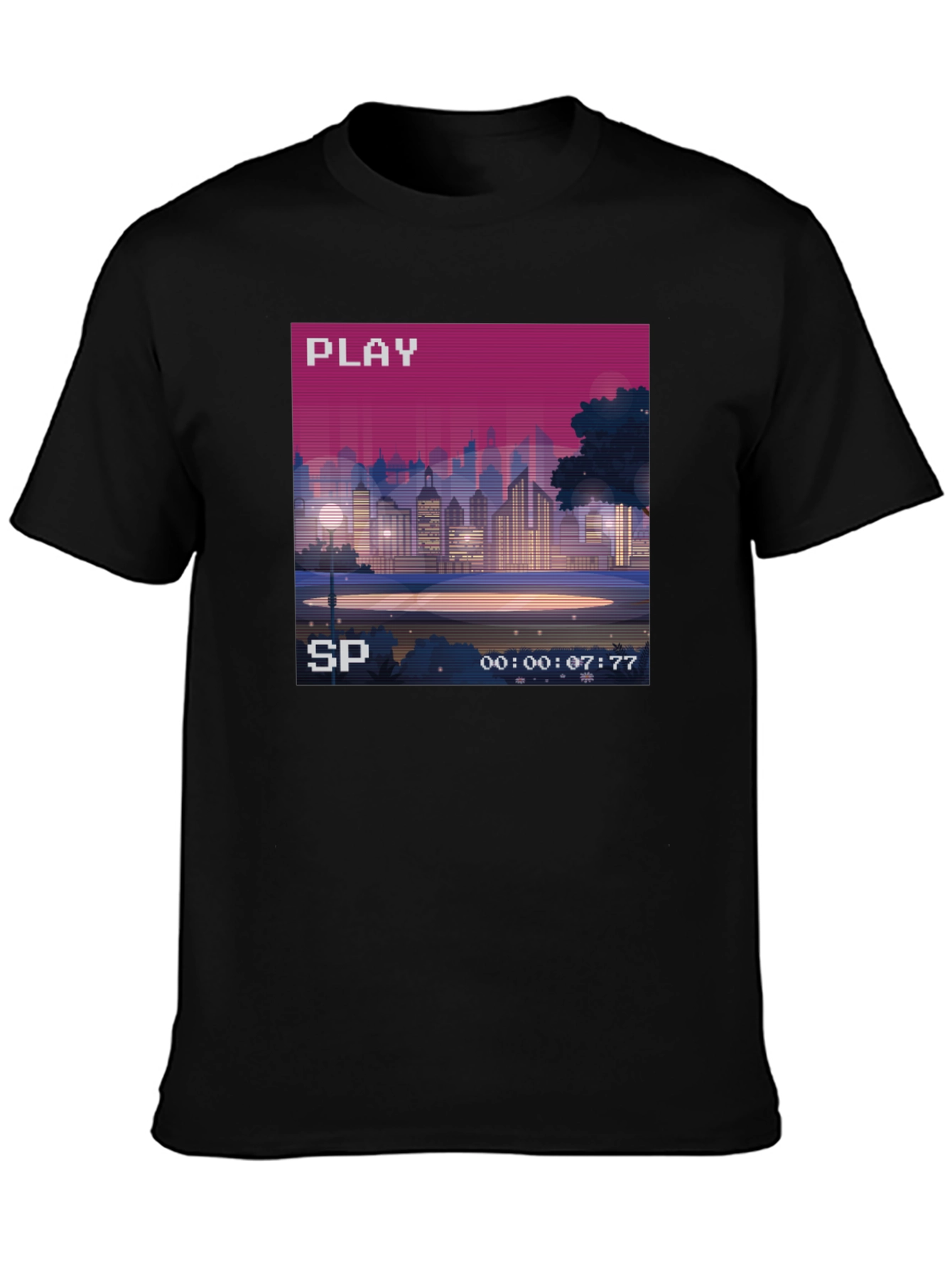 Retro Pixel Art Cityscape Tee - 80s VHS Style