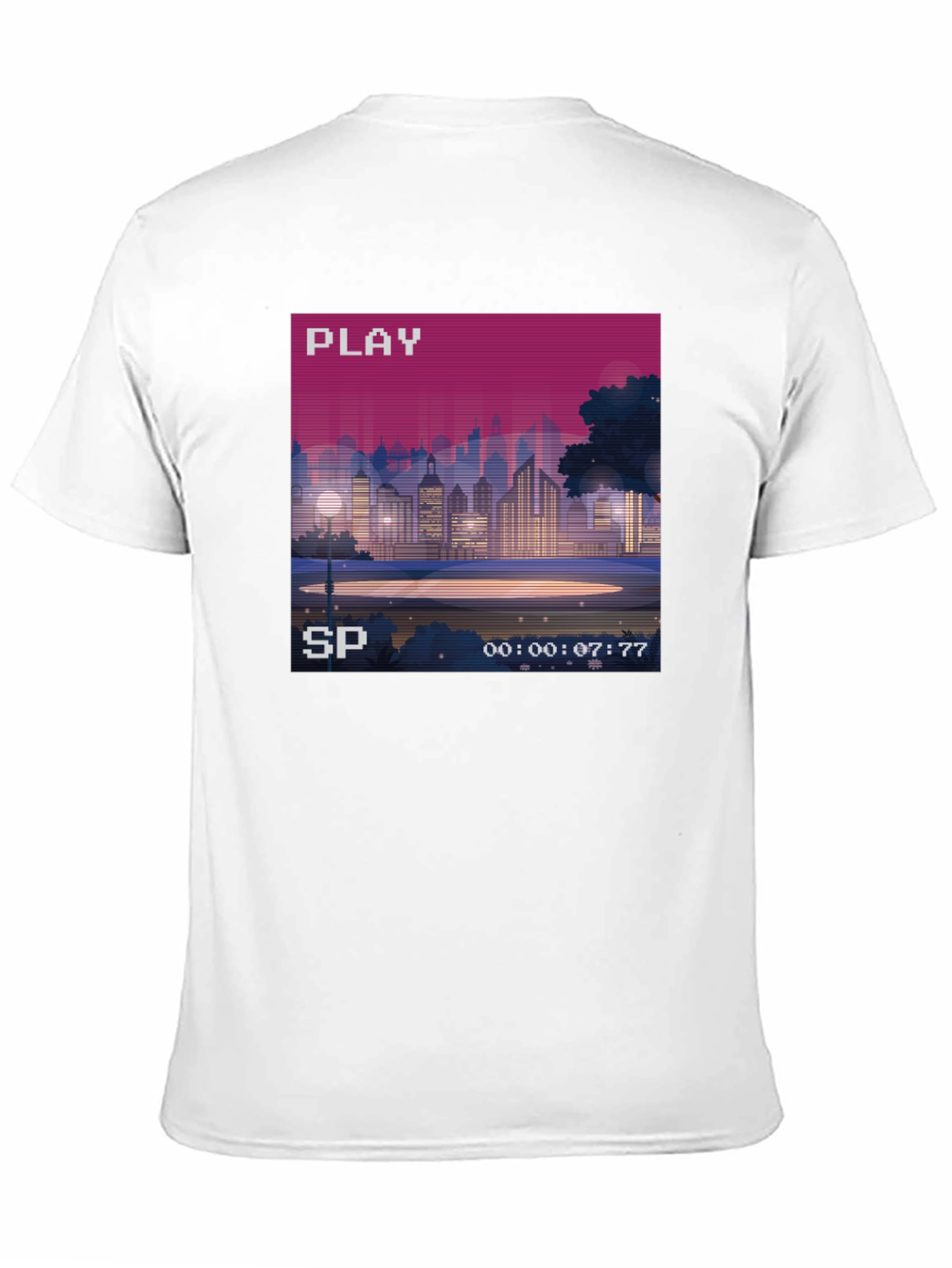 Retro Pixel Art Cityscape Tee - 80s VHS Style