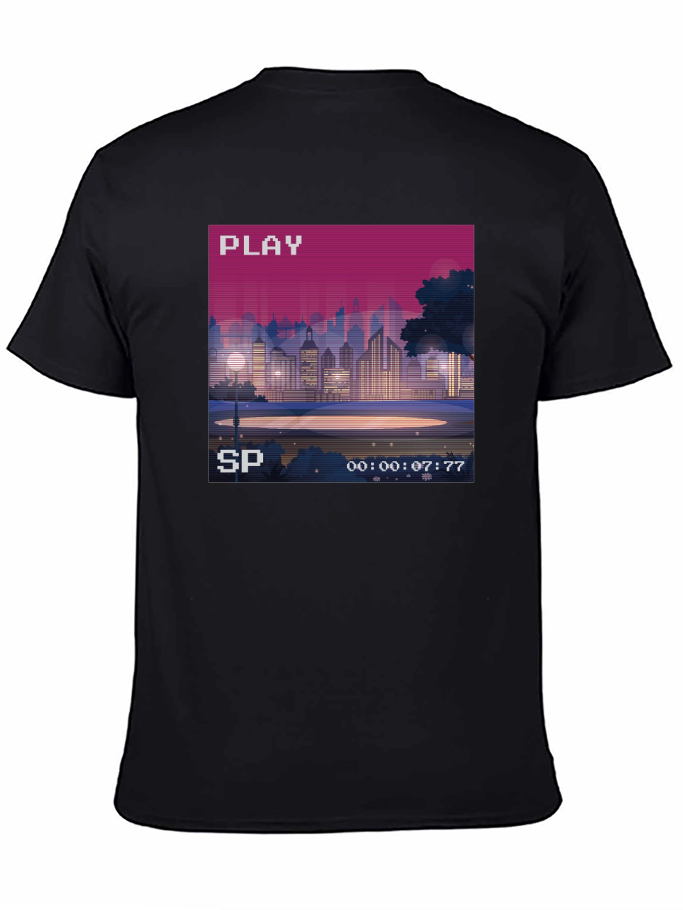 Retro Pixel Art Cityscape Tee - 80s VHS Style