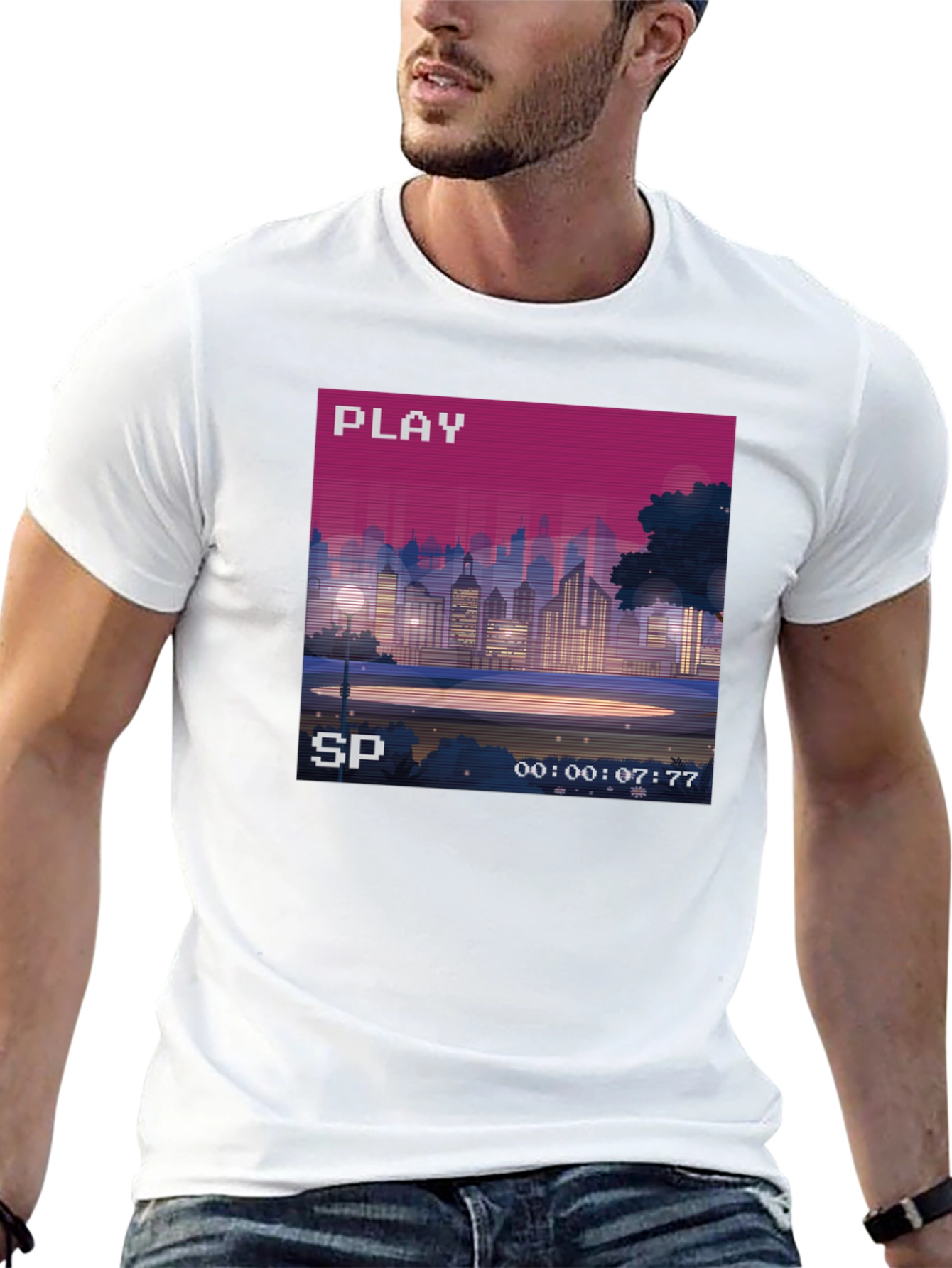 Retro Pixel Art Cityscape Tee - 80s VHS Style