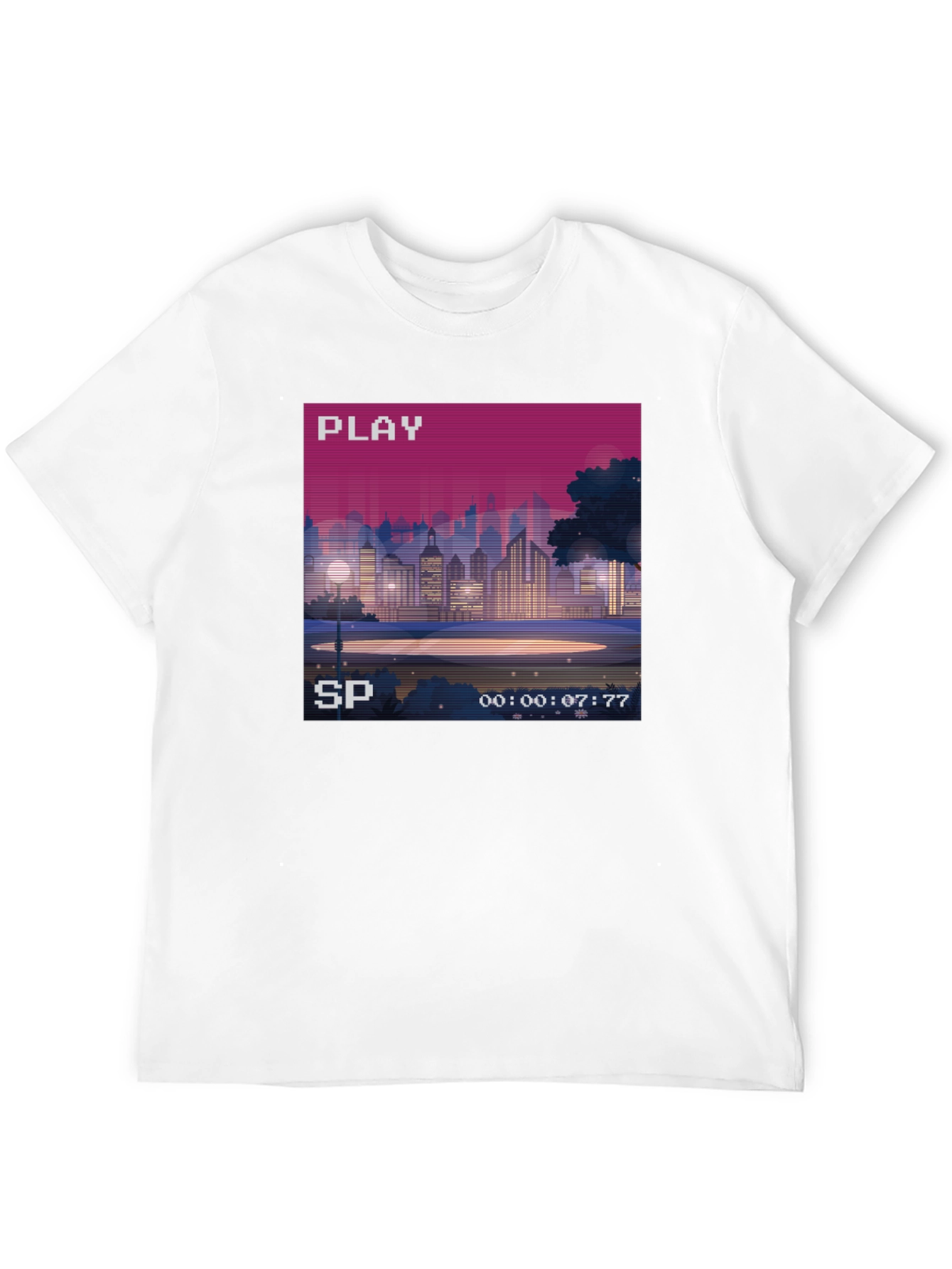 Retro Pixel Art Cityscape Tee - 80s VHS Style