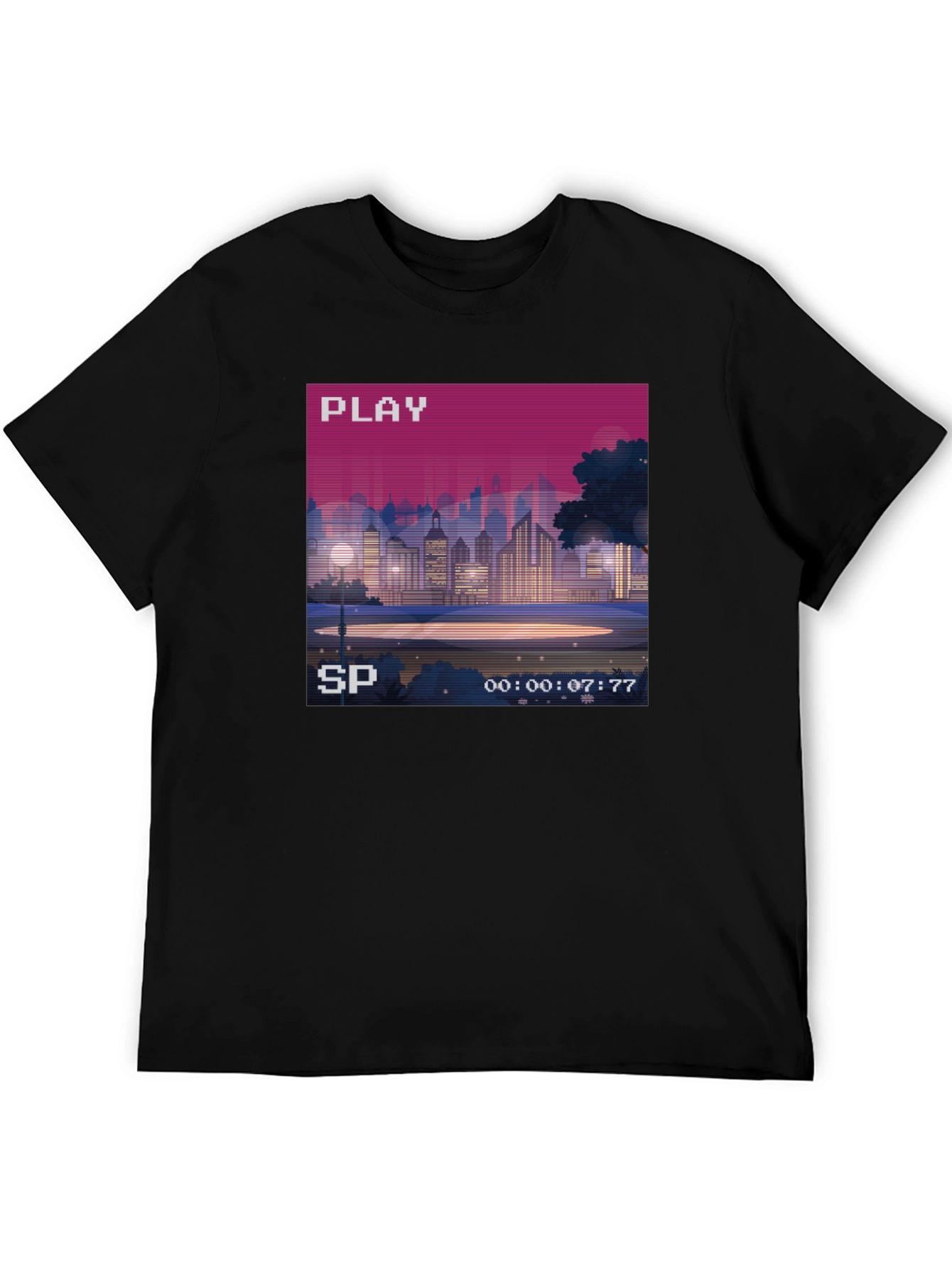 Retro Pixel Art Cityscape Tee - 80s VHS Style