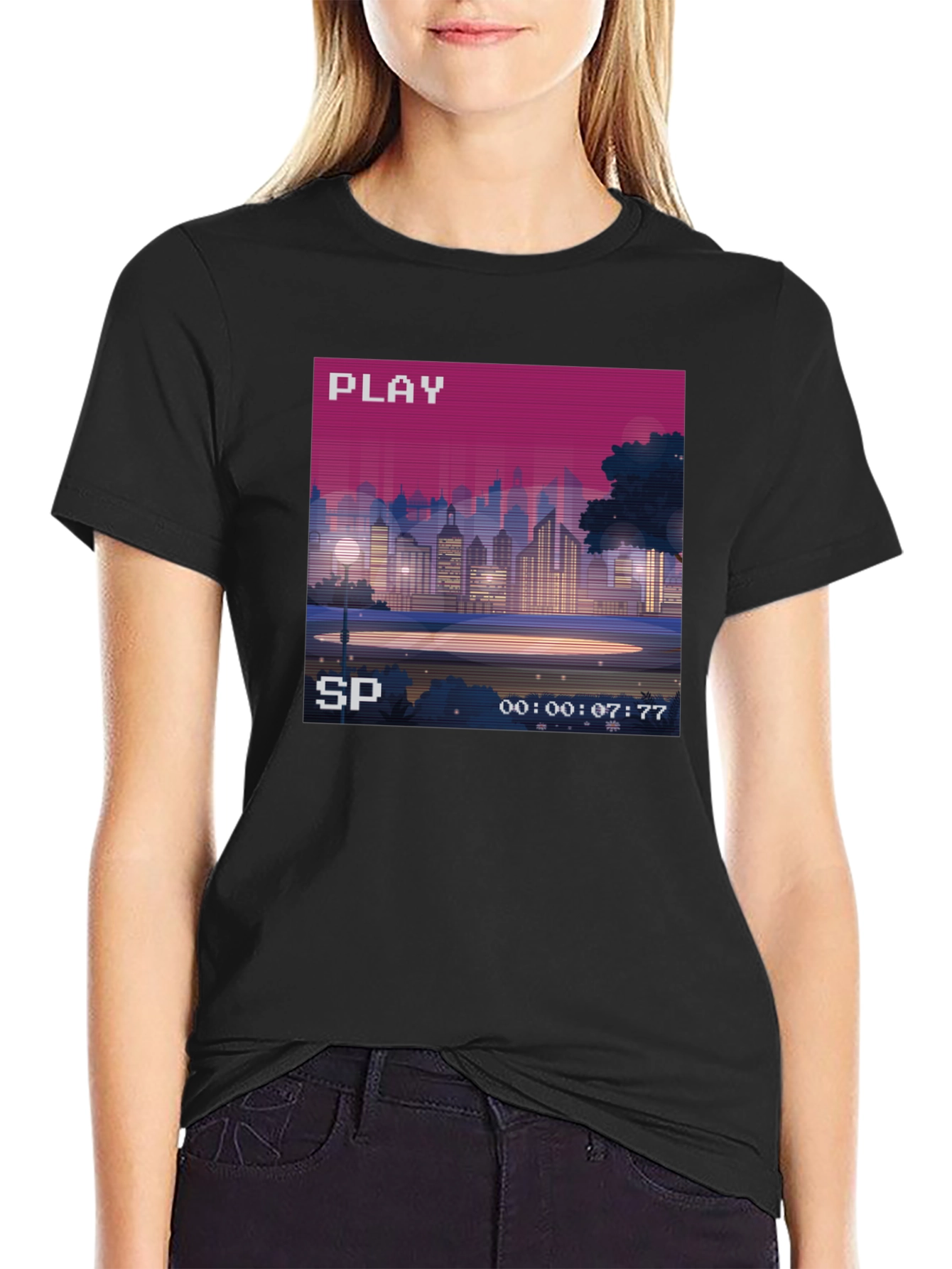 Retro Pixel Art Cityscape Tee - 80s VHS Style