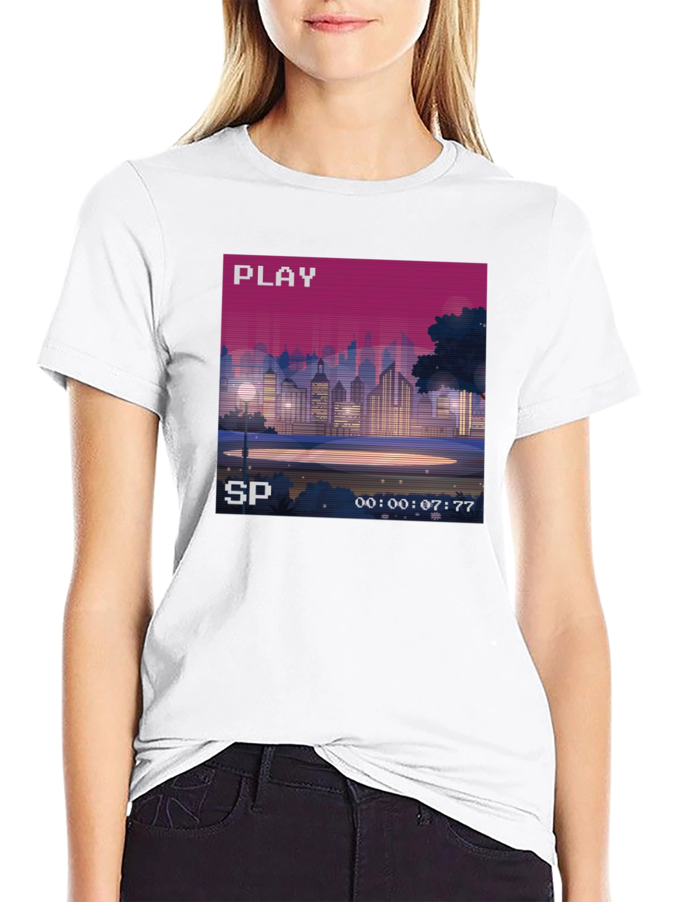 Retro Pixel Art Cityscape Tee - 80s VHS Style
