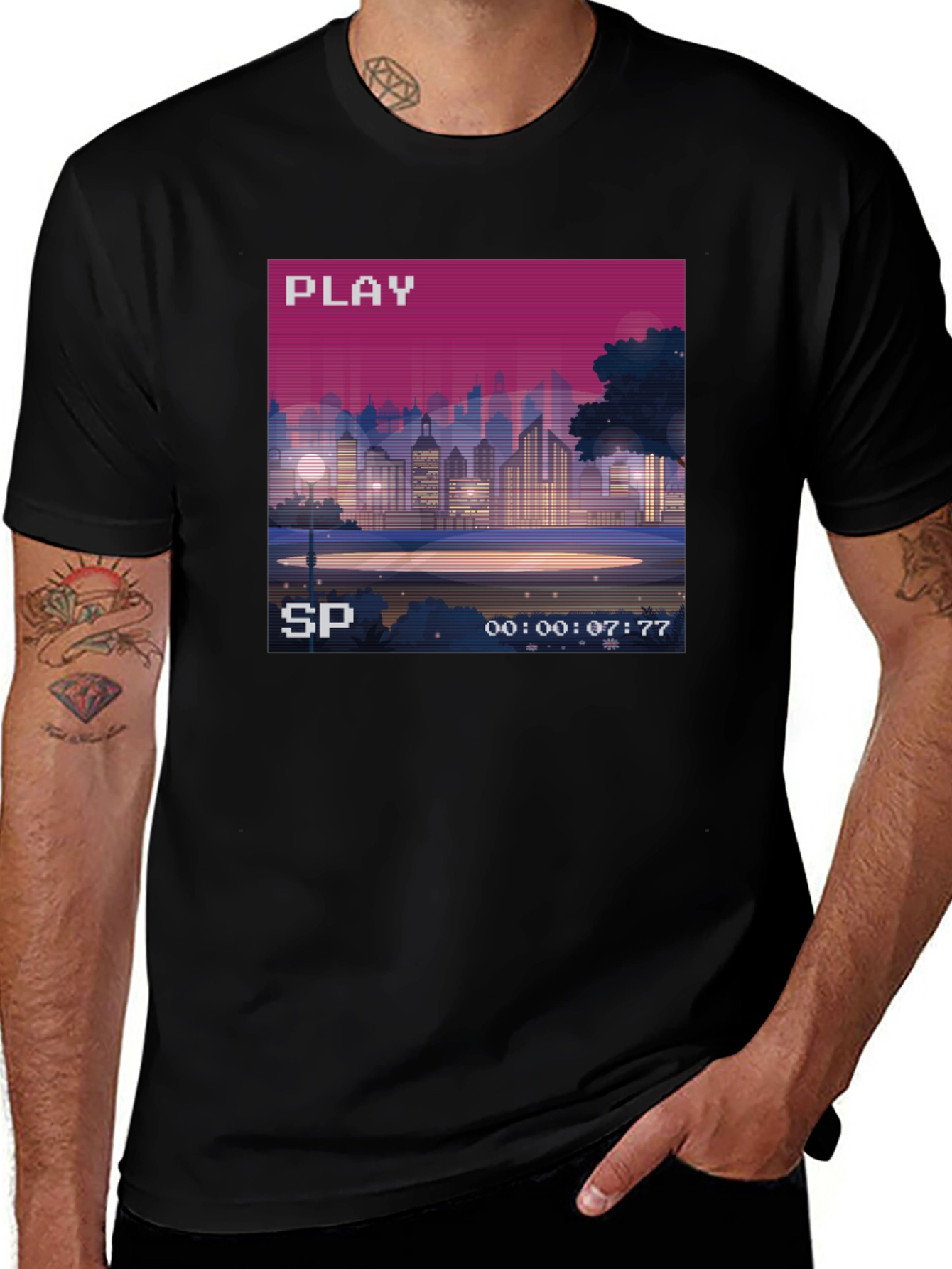 Retro Pixel Art Cityscape Tee - 80s VHS Style