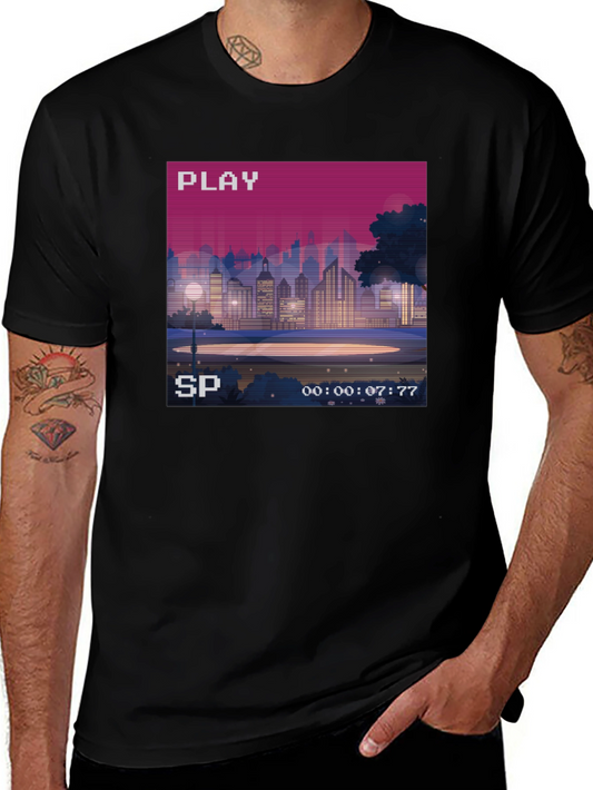 Retro Pixel Art Cityscape Tee - 80s VHS Style