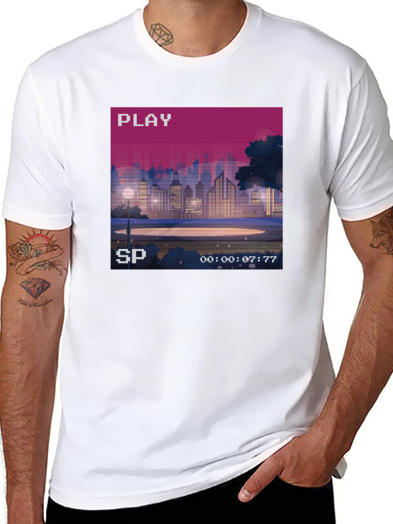 Retro Pixel Art Cityscape Tee - 80s VHS Style