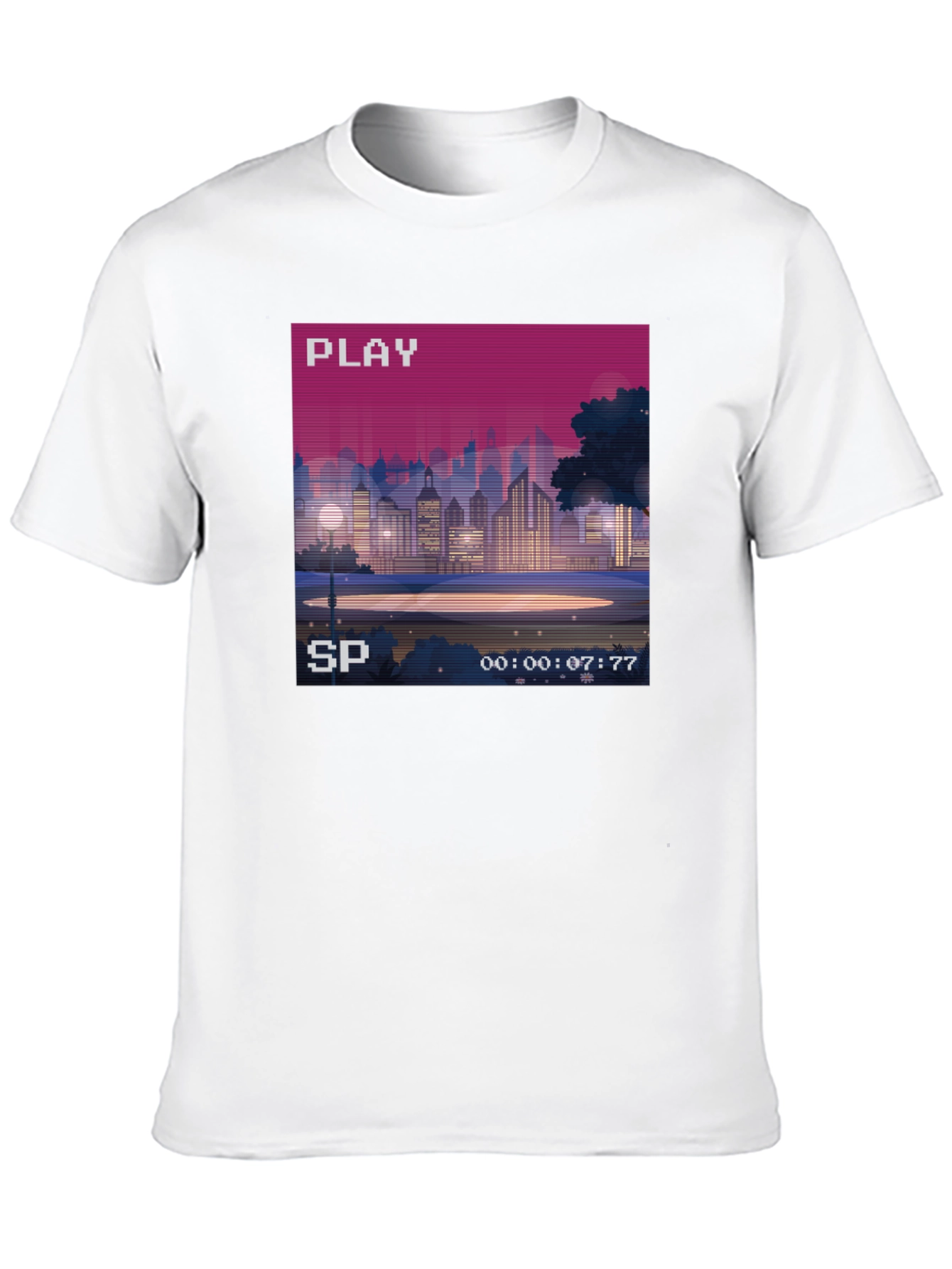 Retro Pixel Art Cityscape Tee - 80s VHS Style