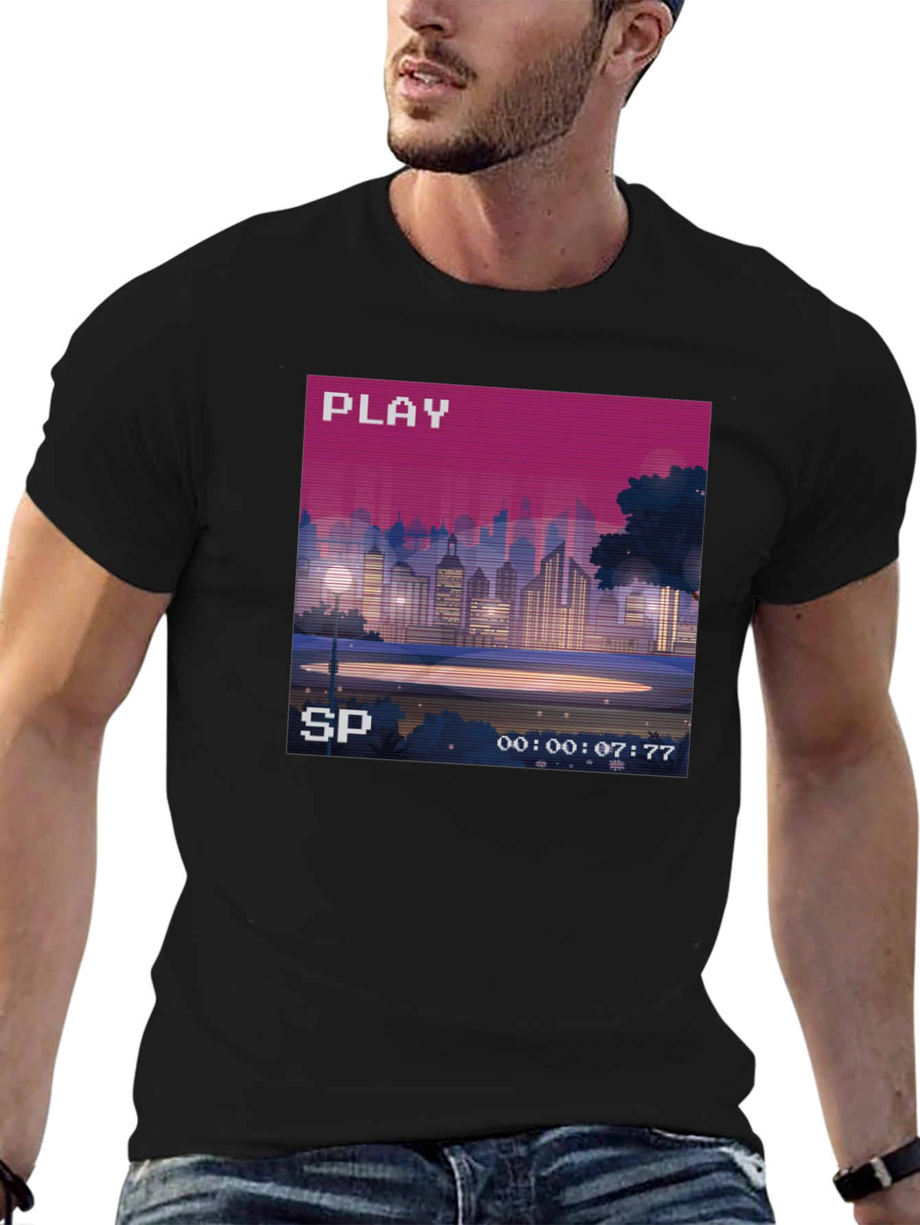 Retro Pixel Art Cityscape Tee - 80s VHS Style