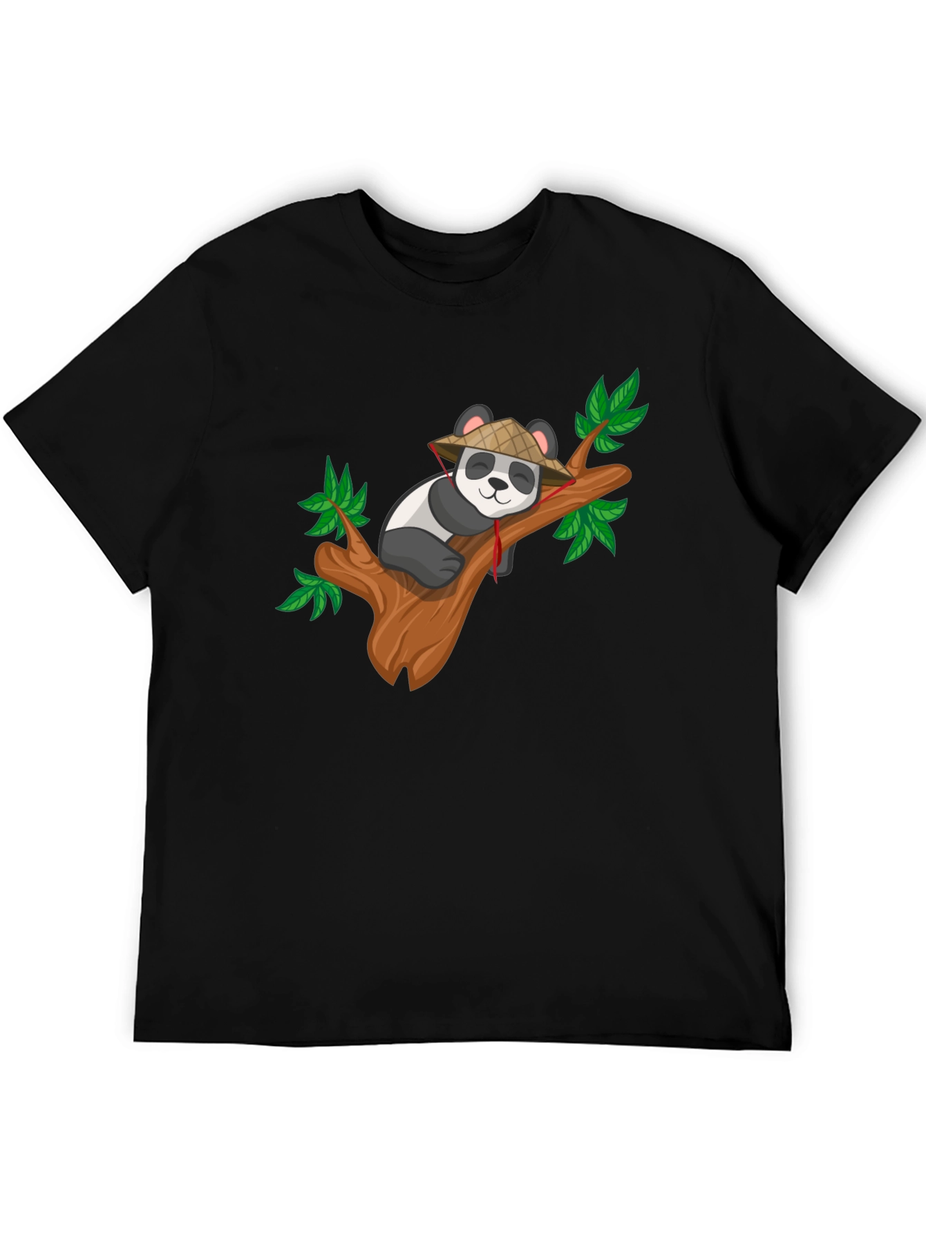 Cute Panda on Tree Black T-Shirt