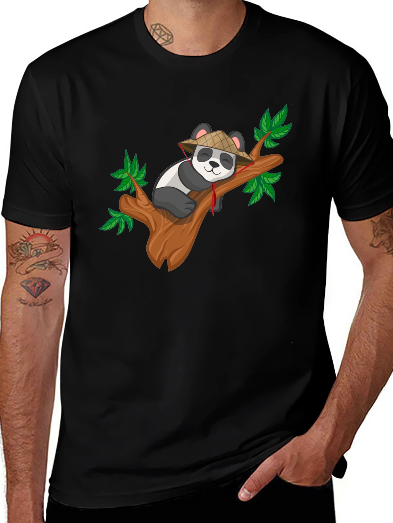 Cute Panda on Tree Black T-Shirt