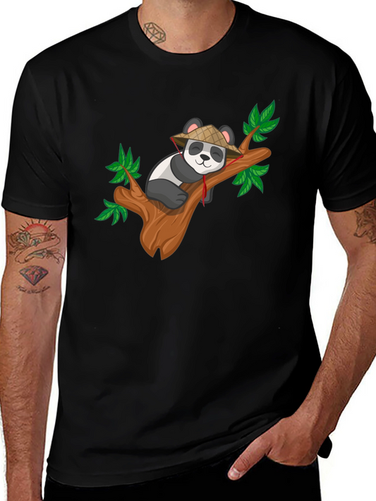 Cute Panda on Tree Black T-Shirt