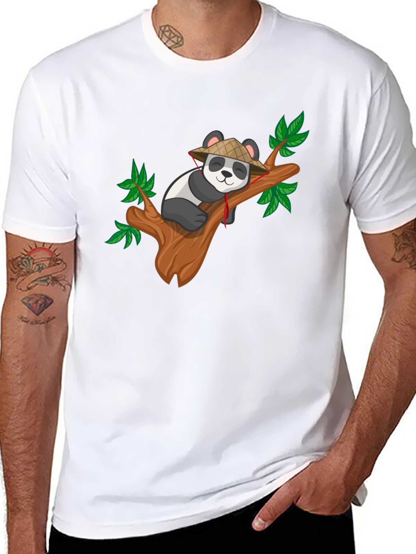 Cute Panda on Tree Black T-Shirt