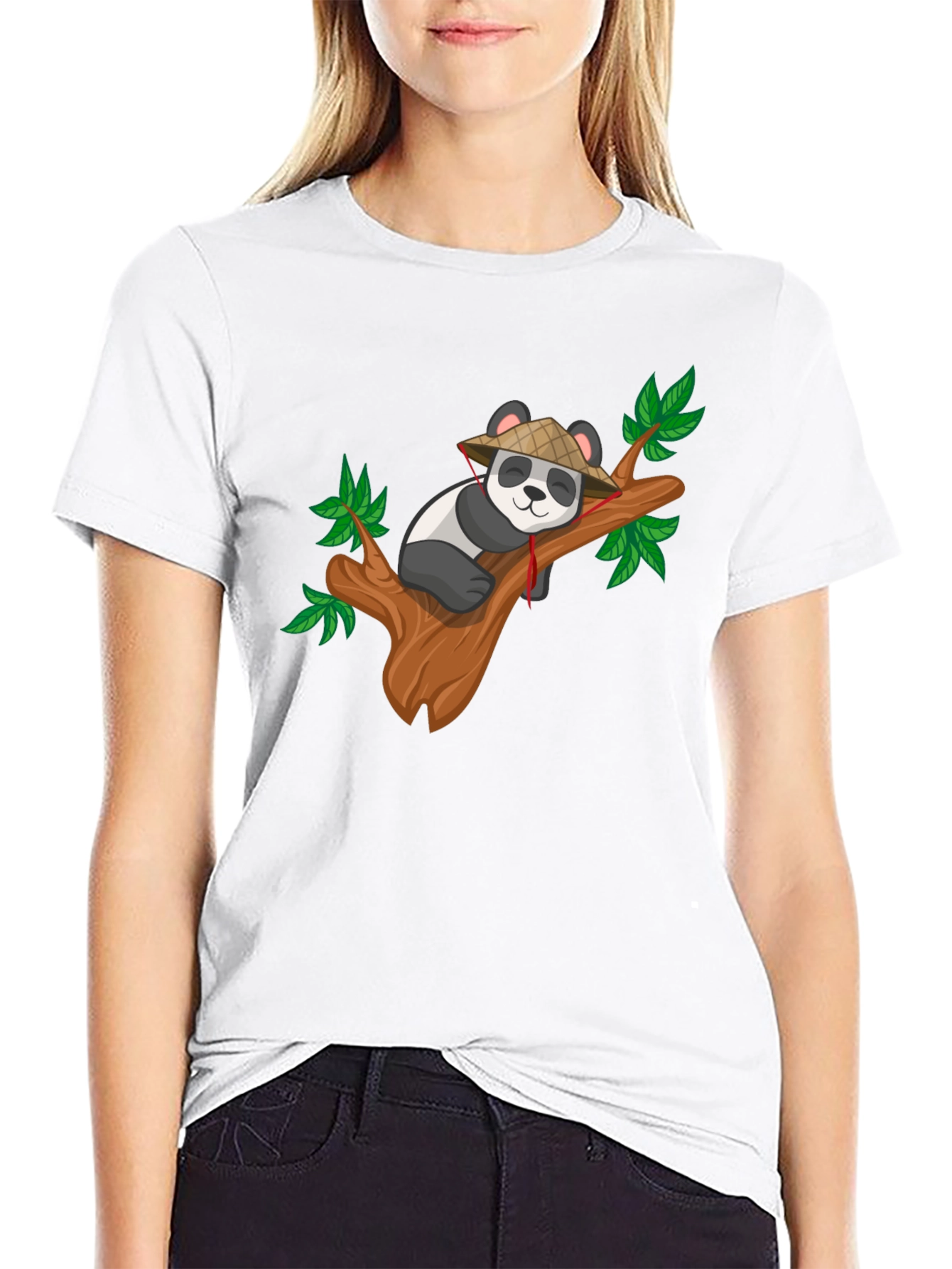 Cute Panda on Tree Black T-Shirt