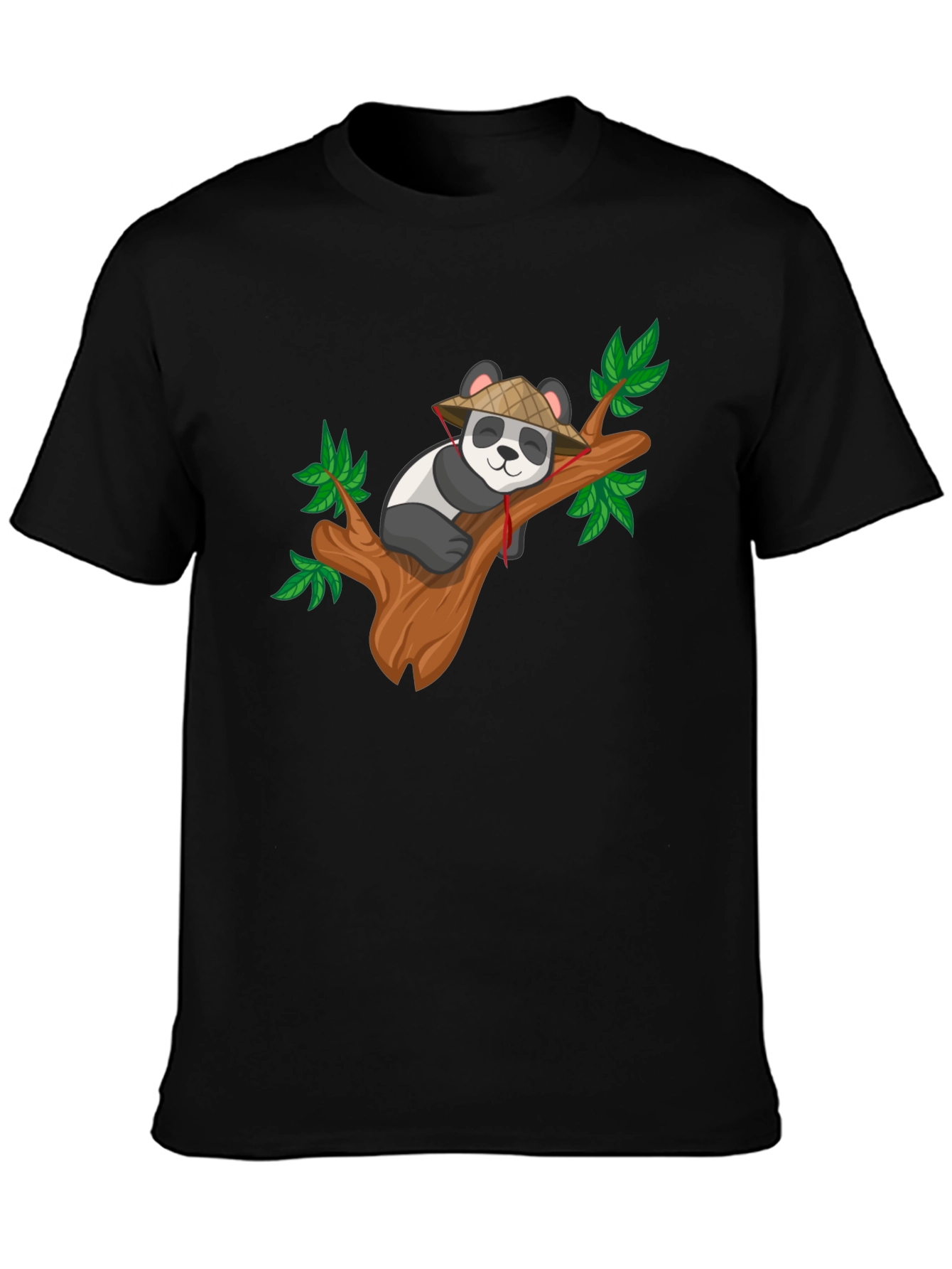 Cute Panda on Tree Black T-Shirt
