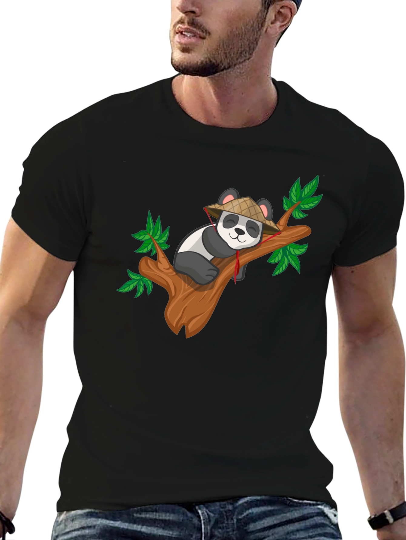 Cute Panda on Tree Black T-Shirt