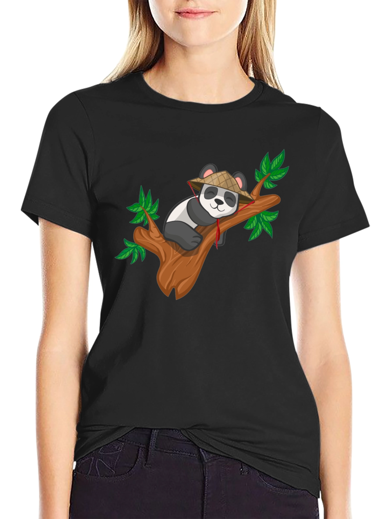 Cute Panda on Tree Black T-Shirt