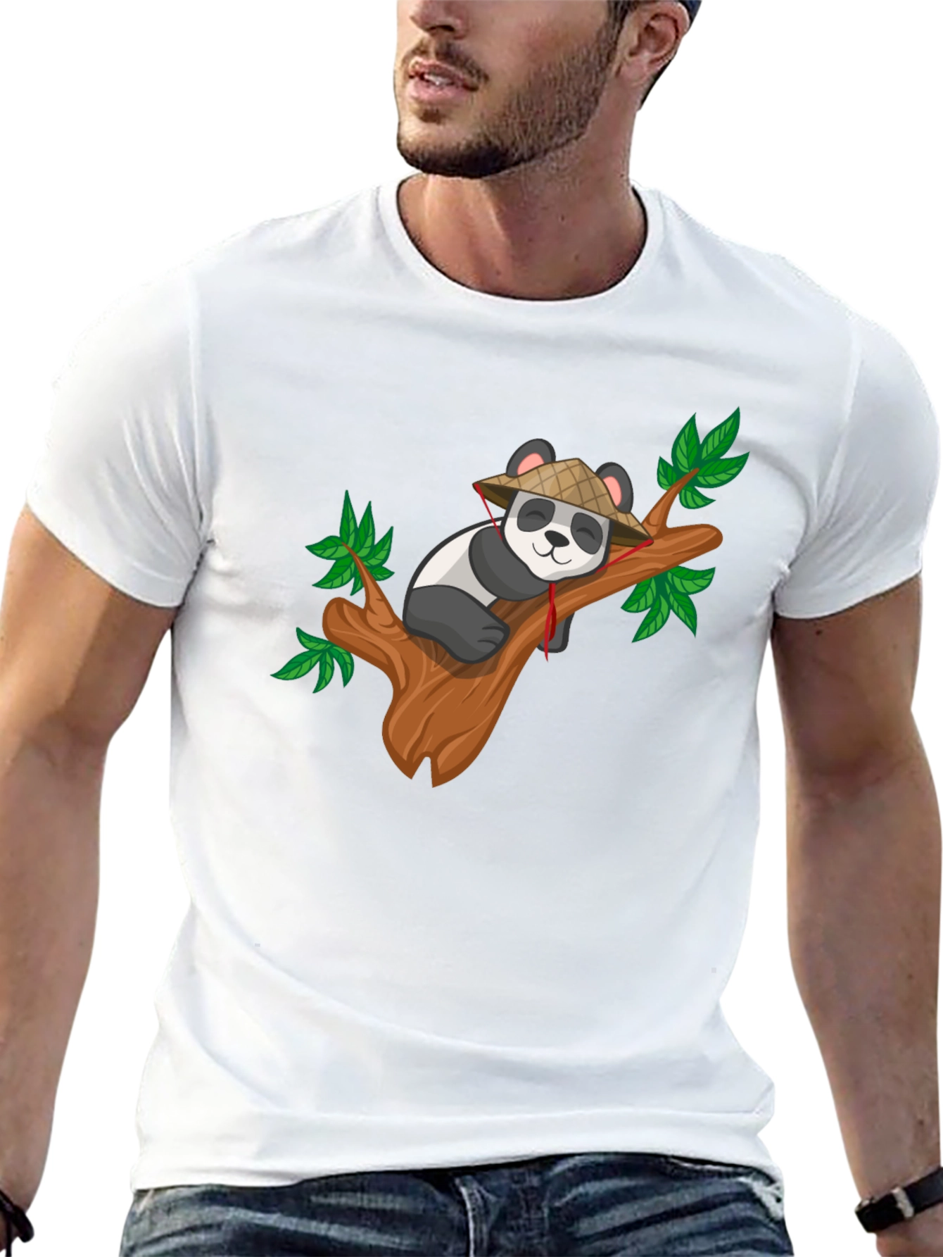 Cute Panda on Tree Black T-Shirt