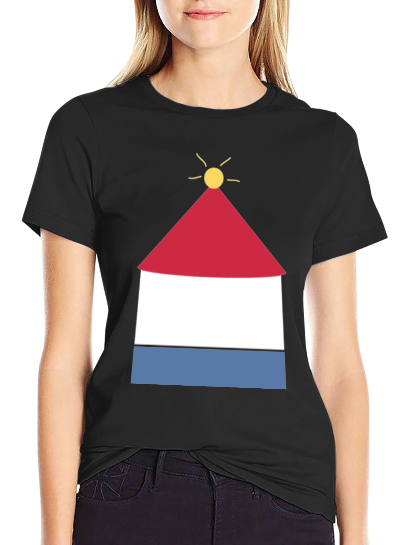 Graphic Tee with Abstract Lighthouse Design - Black