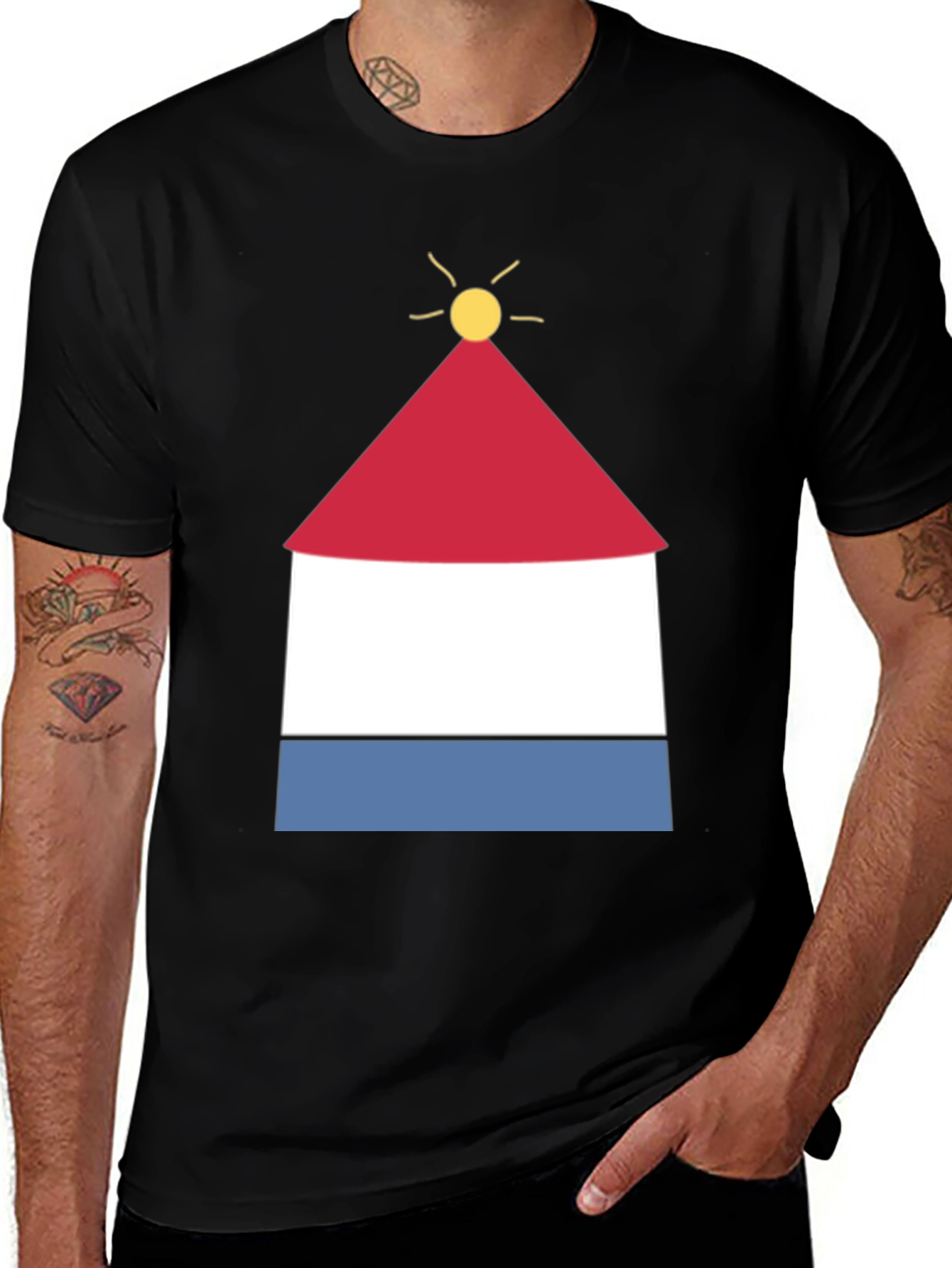 Graphic Tee with Abstract Lighthouse Design - Black