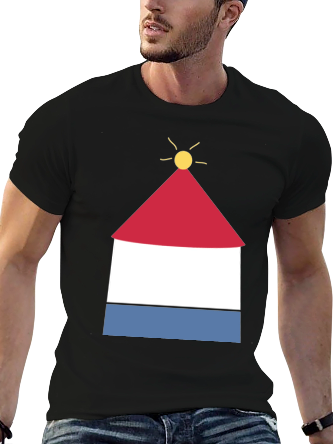 Graphic Tee with Abstract Lighthouse Design - Black