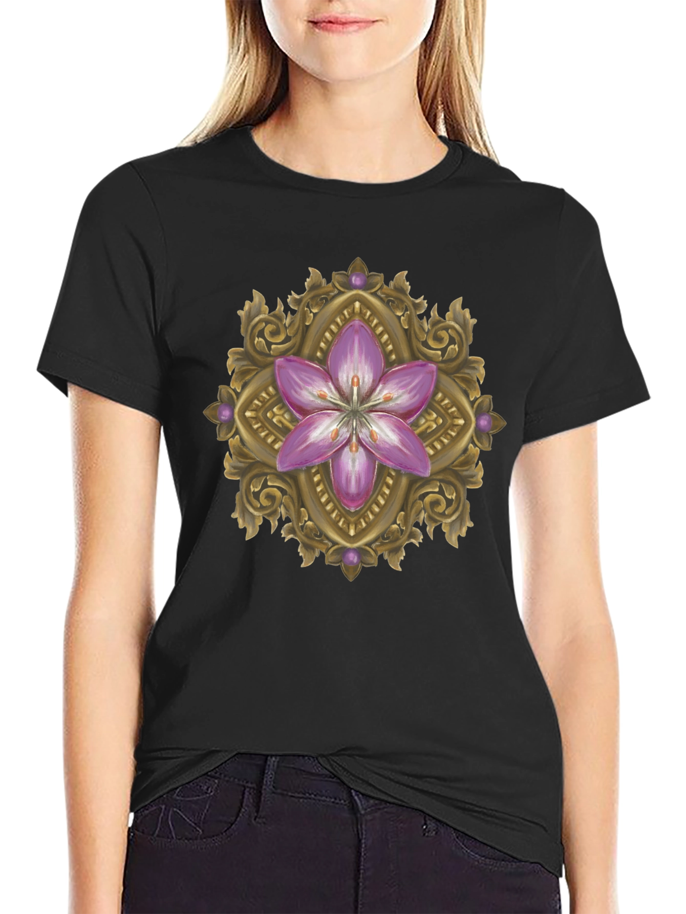 Floral Ornament Graphic Print Black T-Shirt
