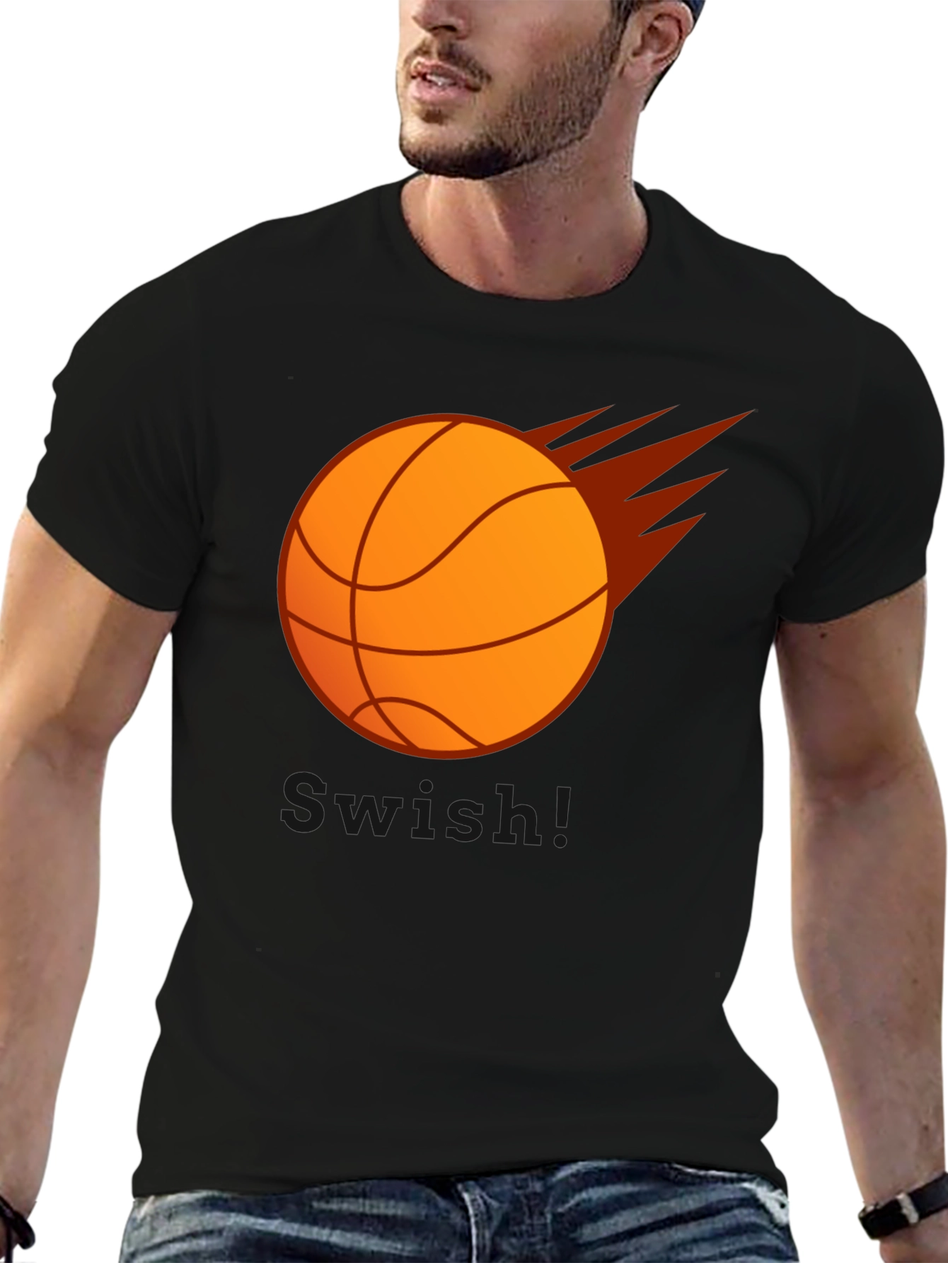 Basketball Flames Graphic Tee - Black Cotton T-Shirt