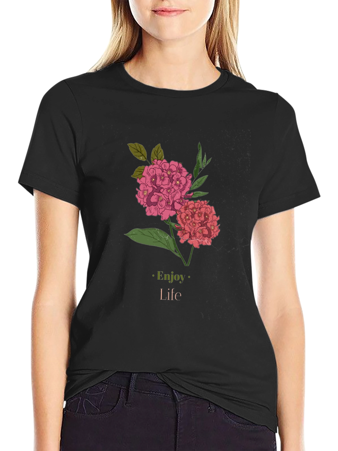 Enjoy Life Floral Graphic Black T-Shirt