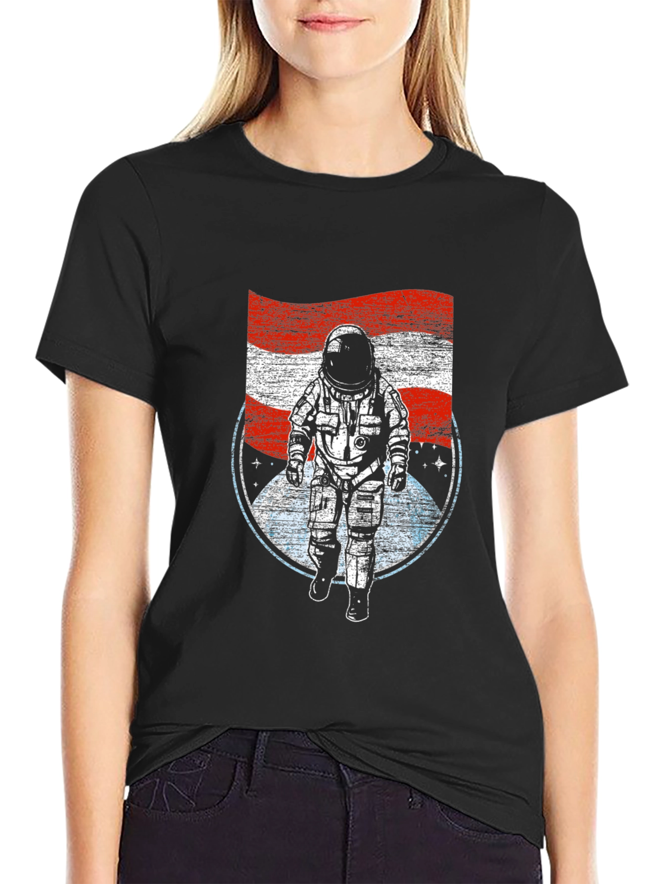 Astronaut USA Flag Graphic T-Shirt - Black