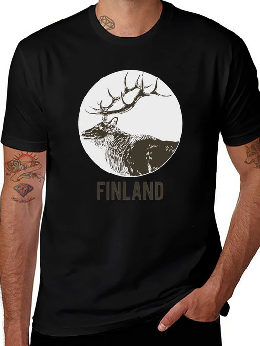 Finland Deer Graphic Print Black T-Shirt