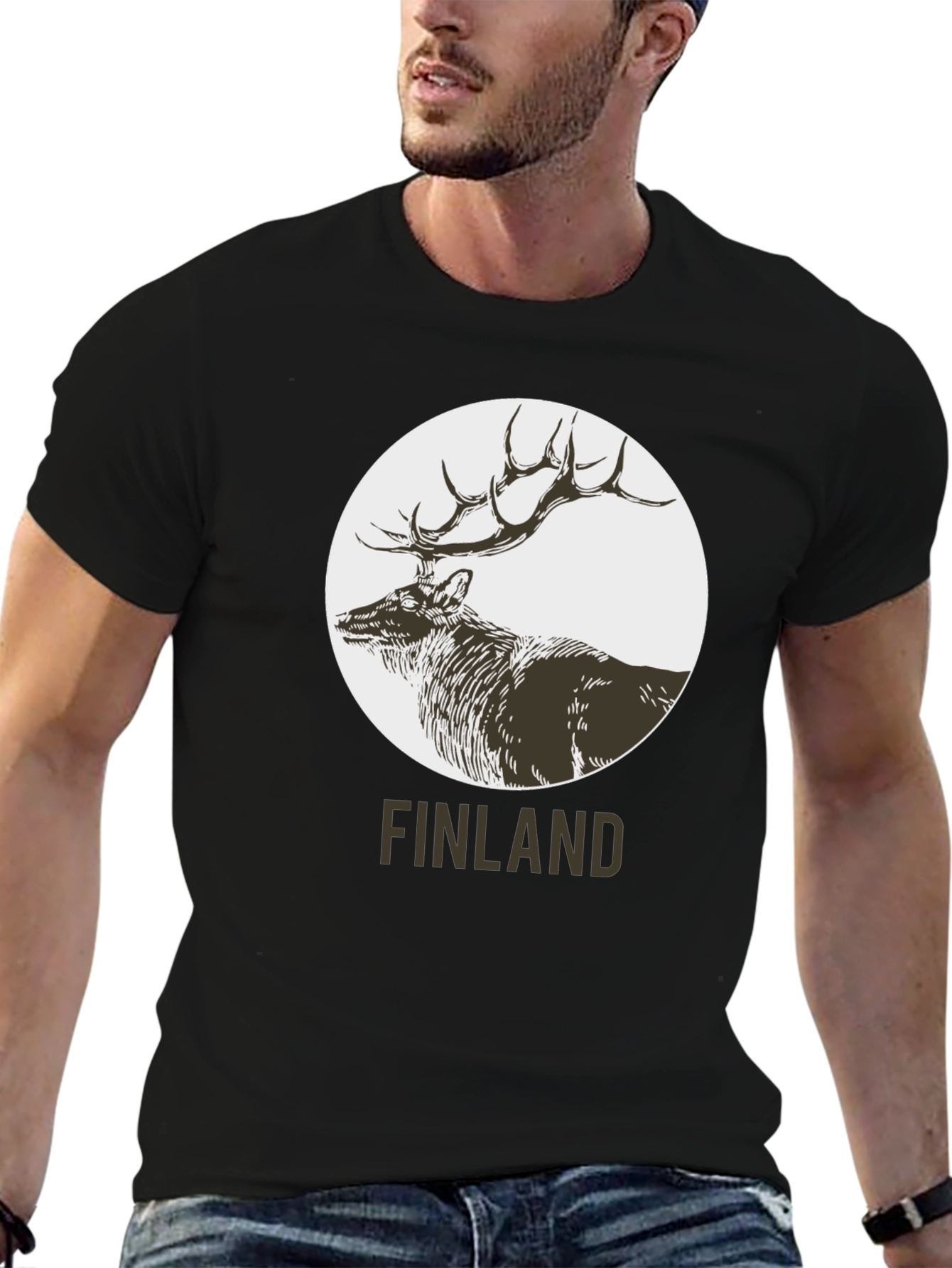 Finland Deer Graphic Print Black T-Shirt