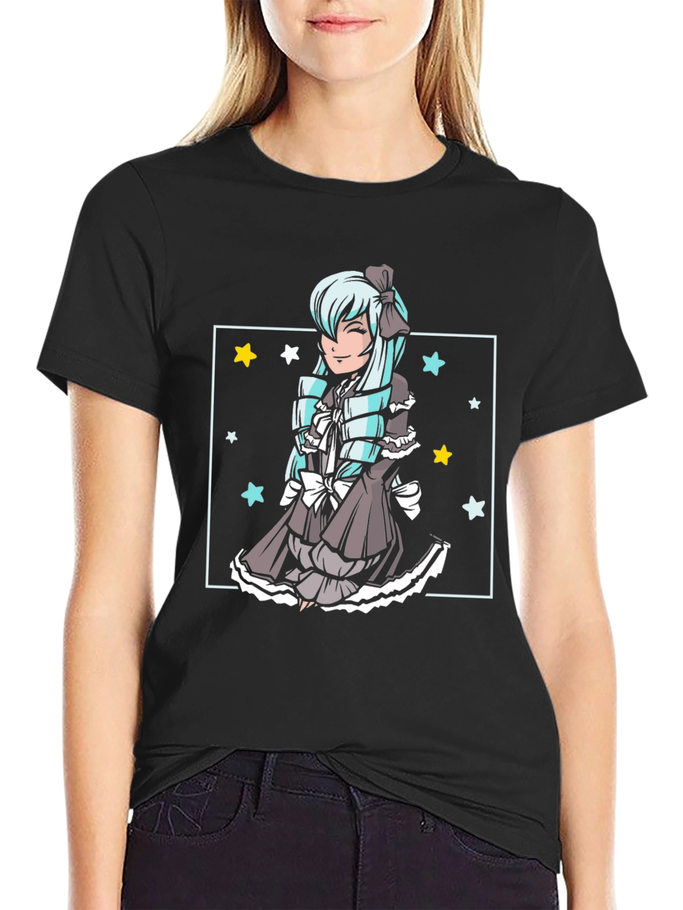 Anime Girl Graphic Tee - Black Cotton Comfort