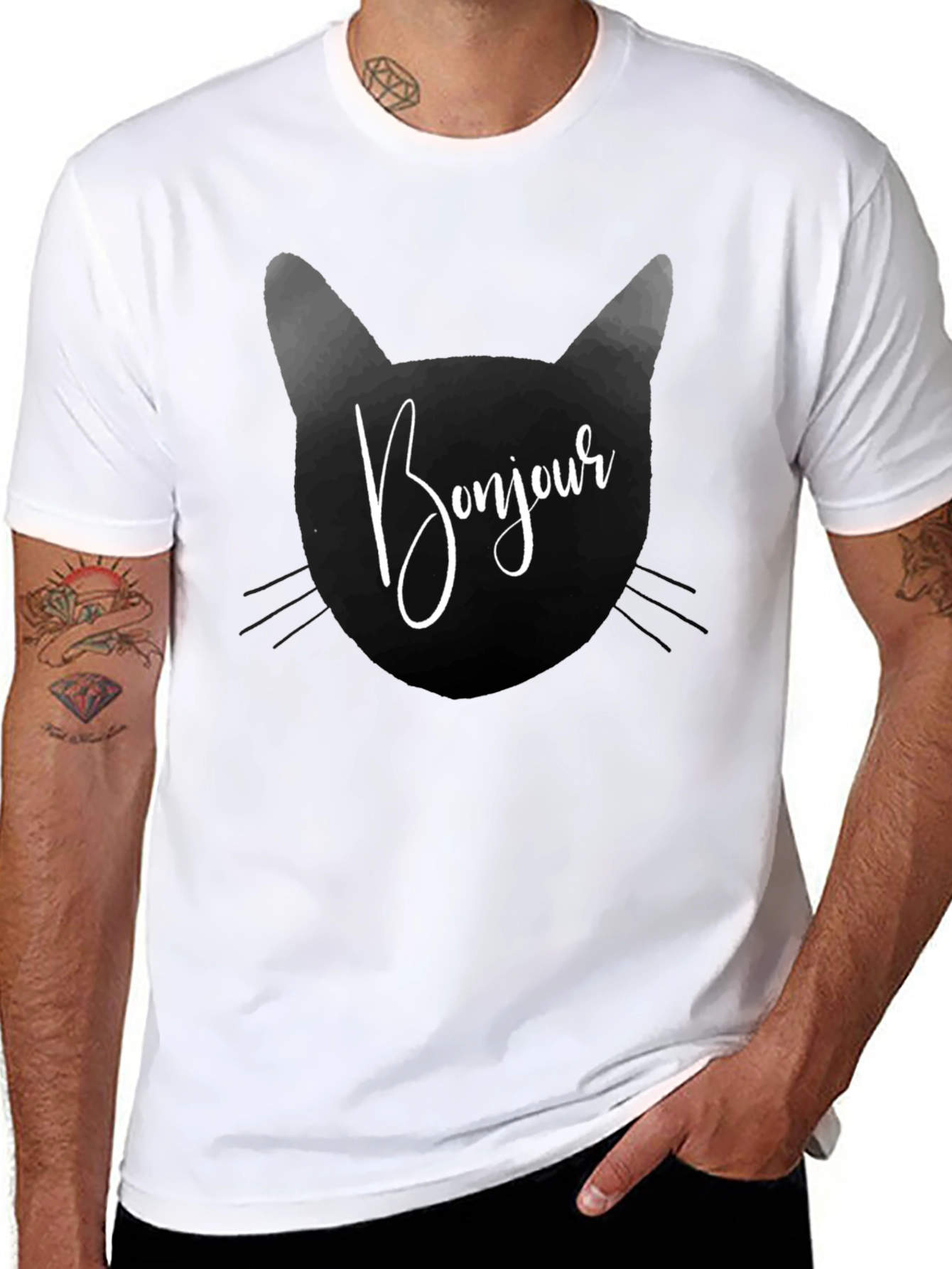 Bonjour Cat Graphic Tee - Black T-Shirt