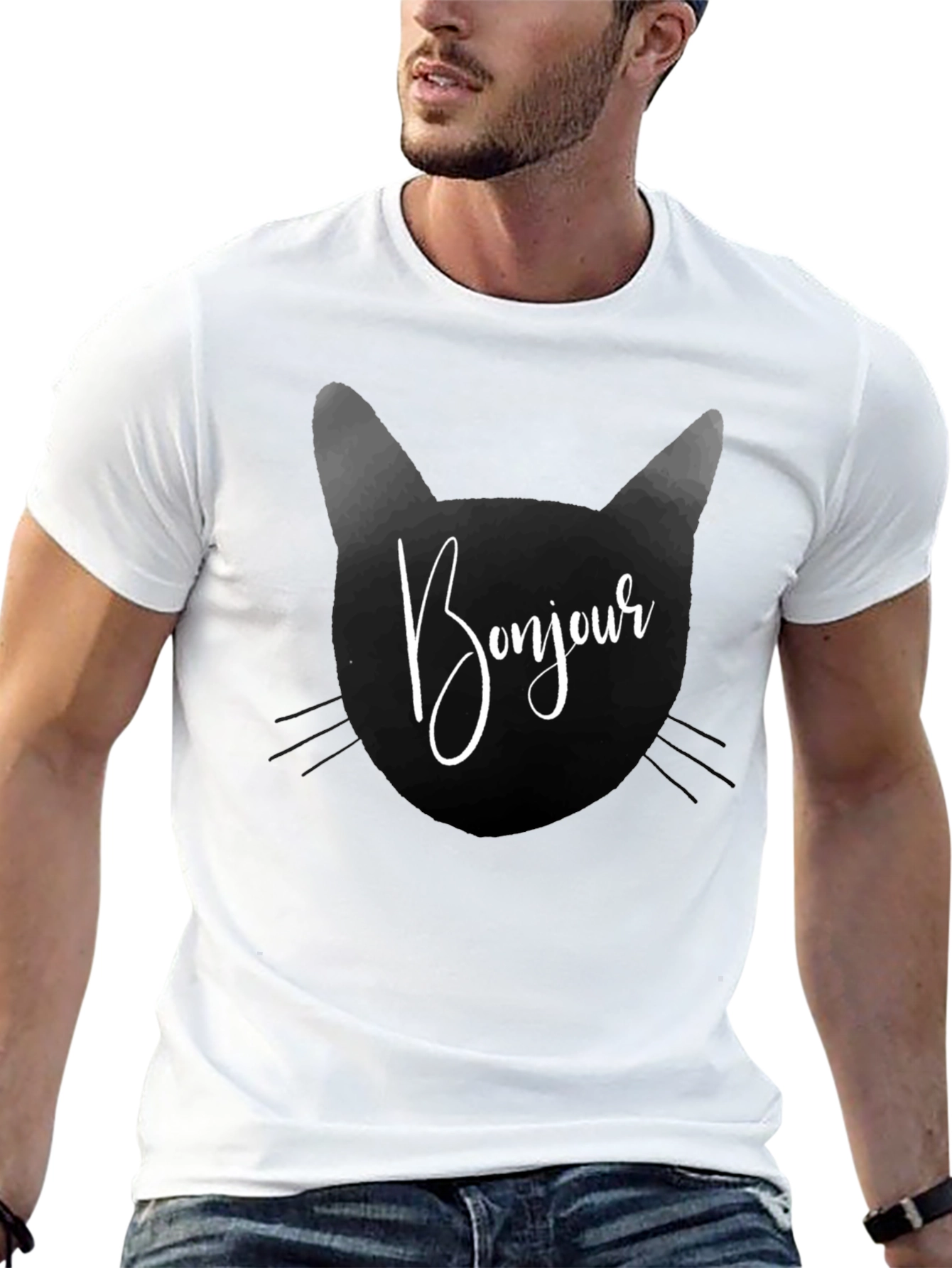 Bonjour Cat Graphic Tee - Black T-Shirt