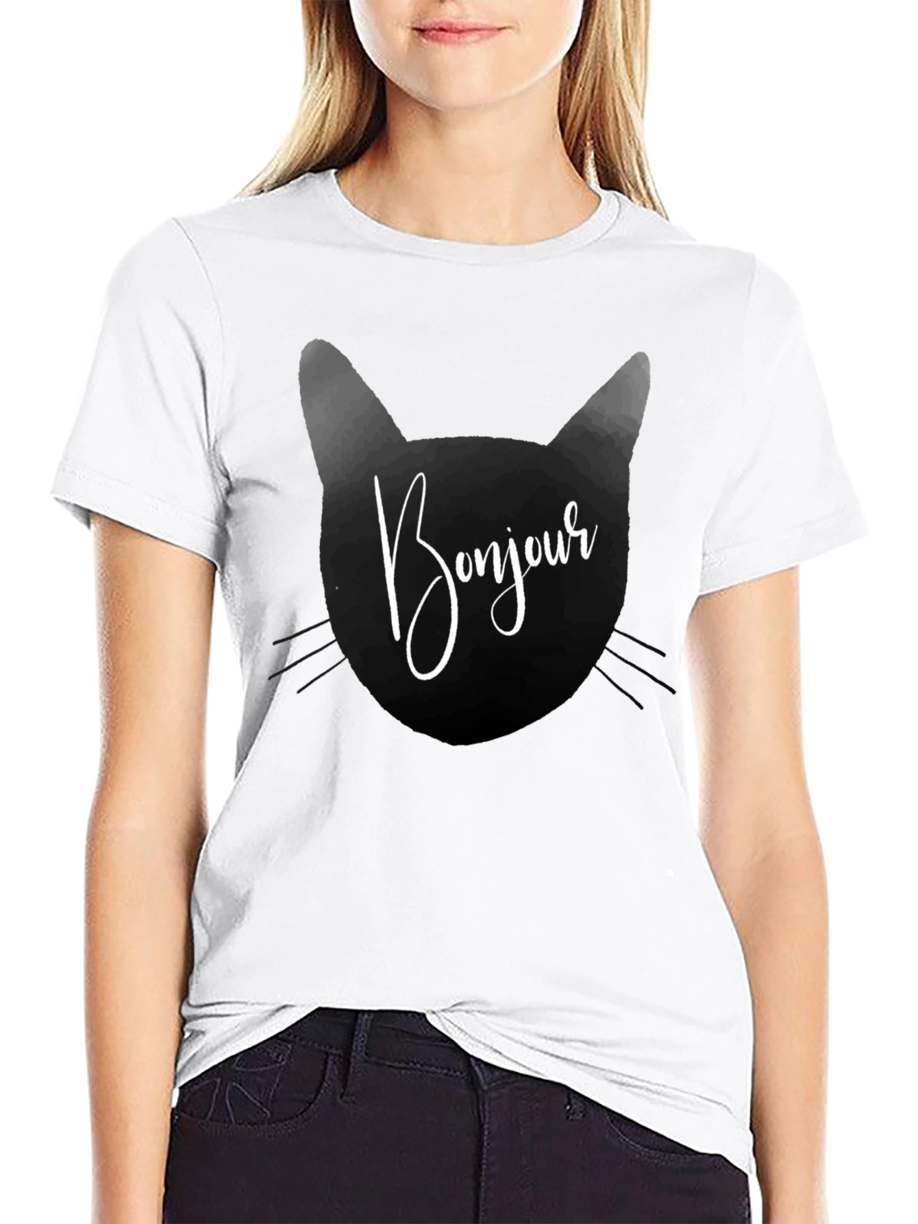 Bonjour Cat Graphic Tee - Black T-Shirt