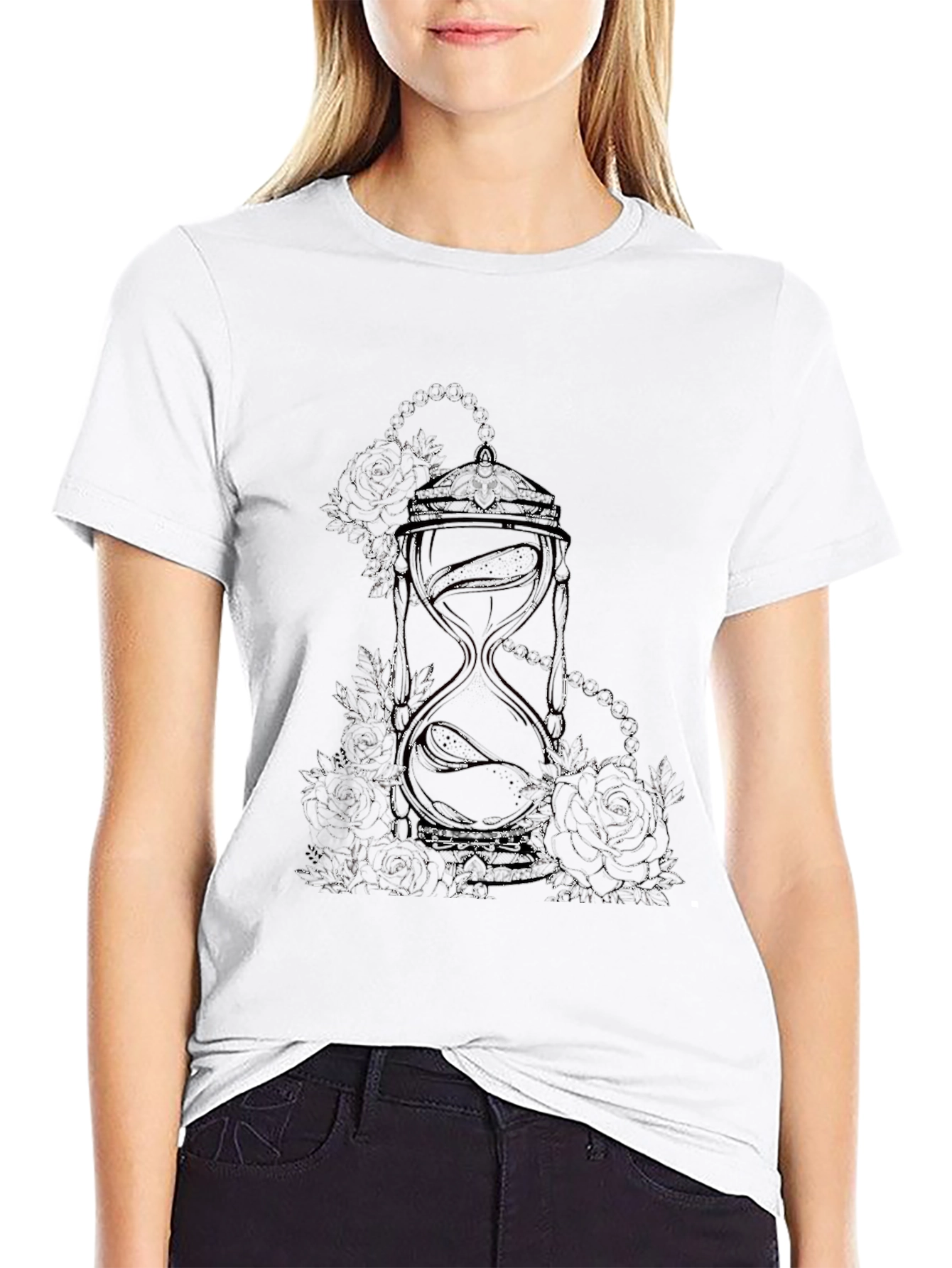 Hourglass Roses Graphic Print Black T-Shirt