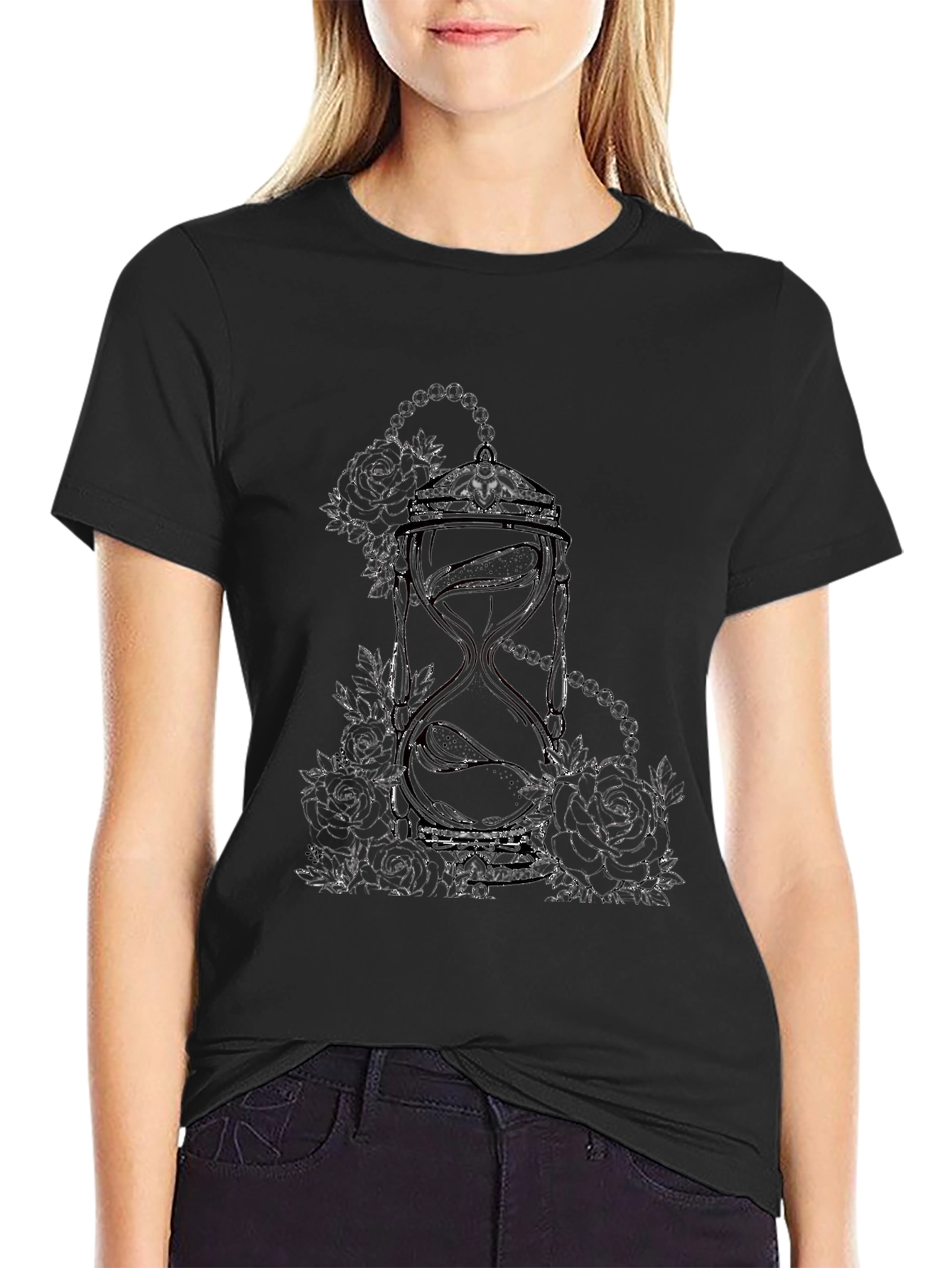 Hourglass Roses Graphic Print Black T-Shirt