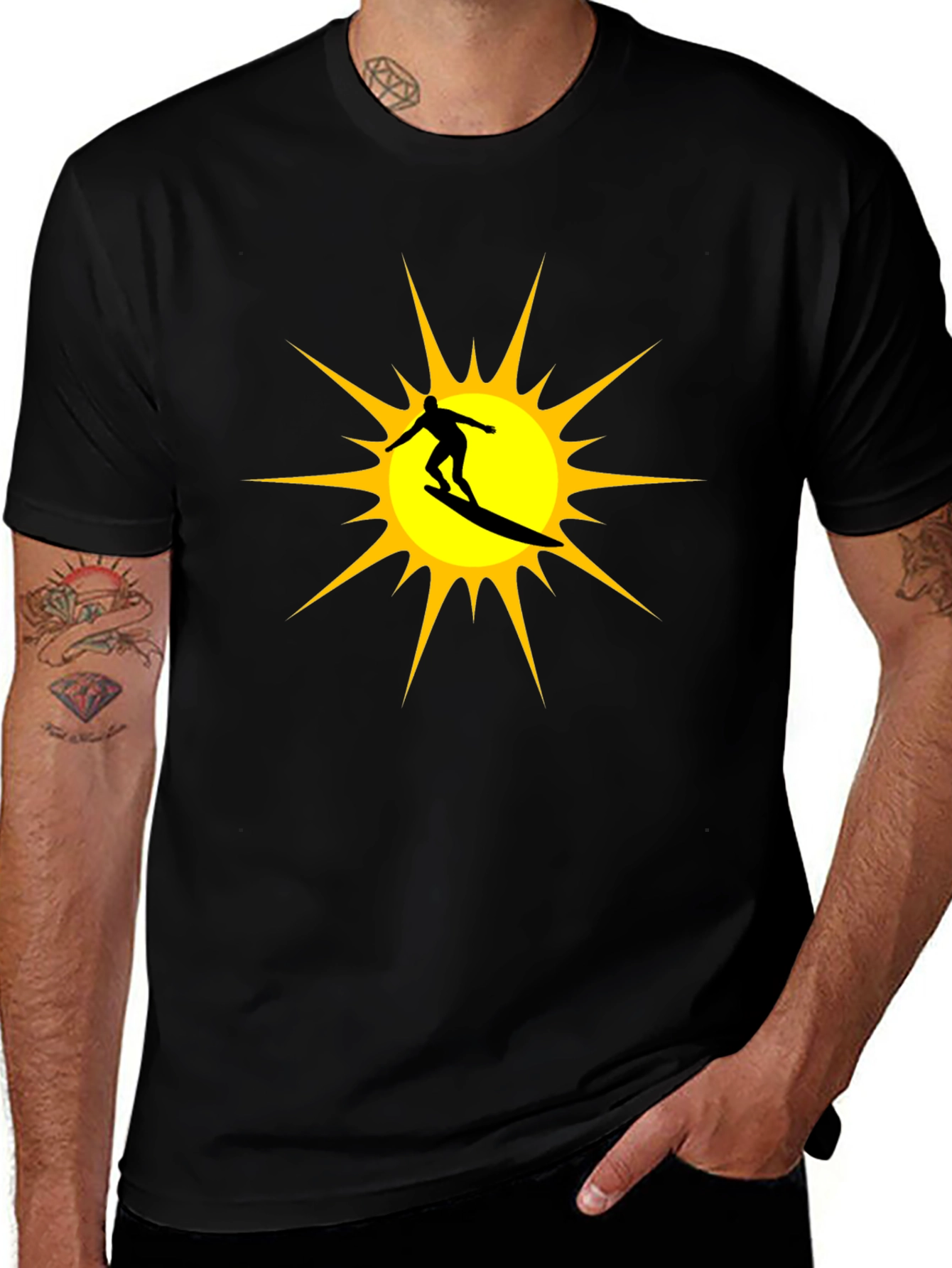 Surfer Sun Graphic Tee - Black Cotton T-Shirt
